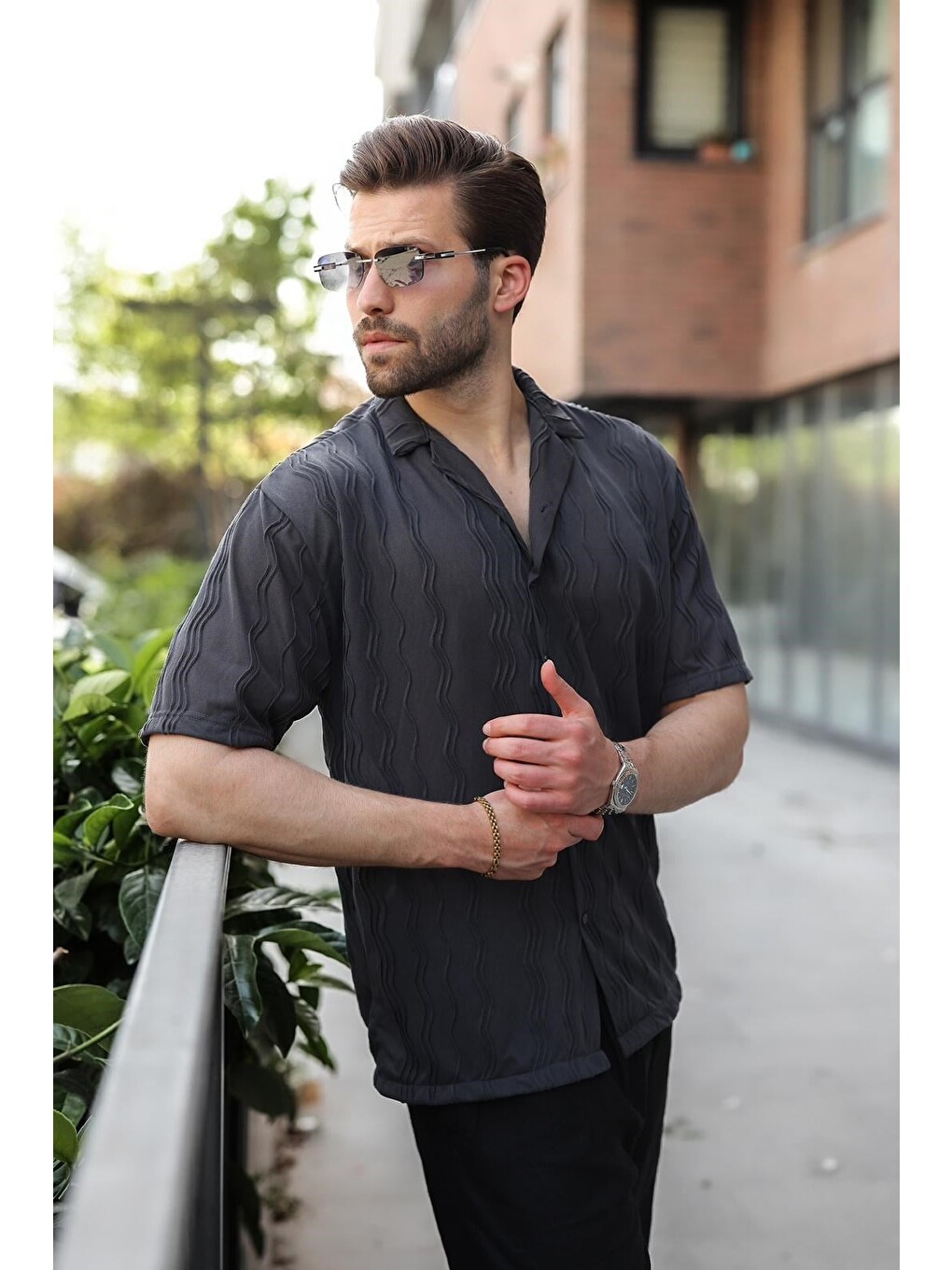 Gri Füme Dalga Desenli Regular Fit Erkek Gömlek E6771-4
