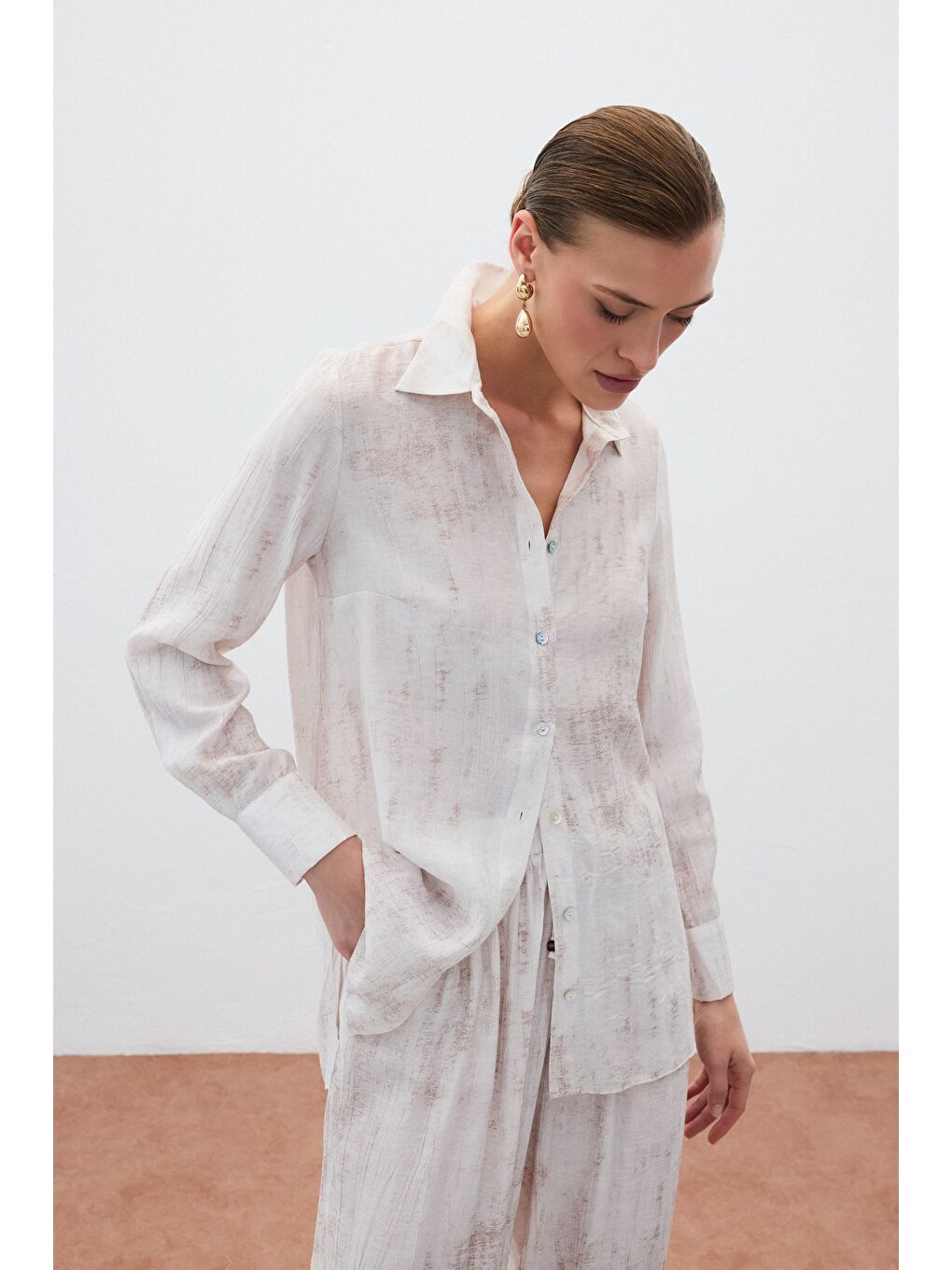 Bej Desenli Salaş Gömlek - Taş-4