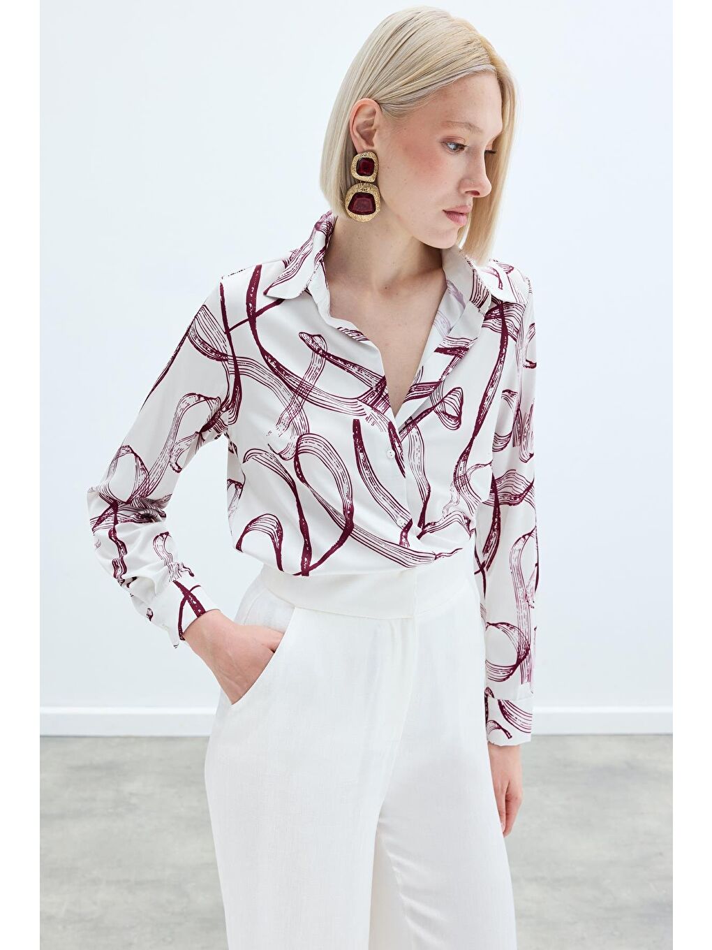 Desenli Klasik Gömlek - Bordo-5