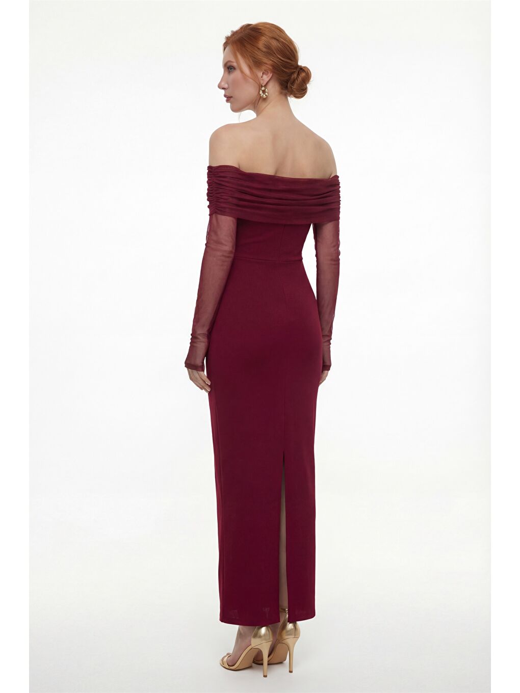 Kadın Bordo Yakası Aksesuar Detay Maxi Elbise-4