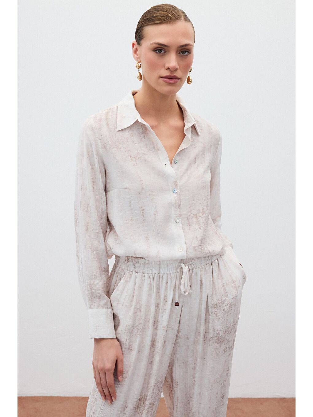 Bej Desenli Salaş Gömlek - Taş-5