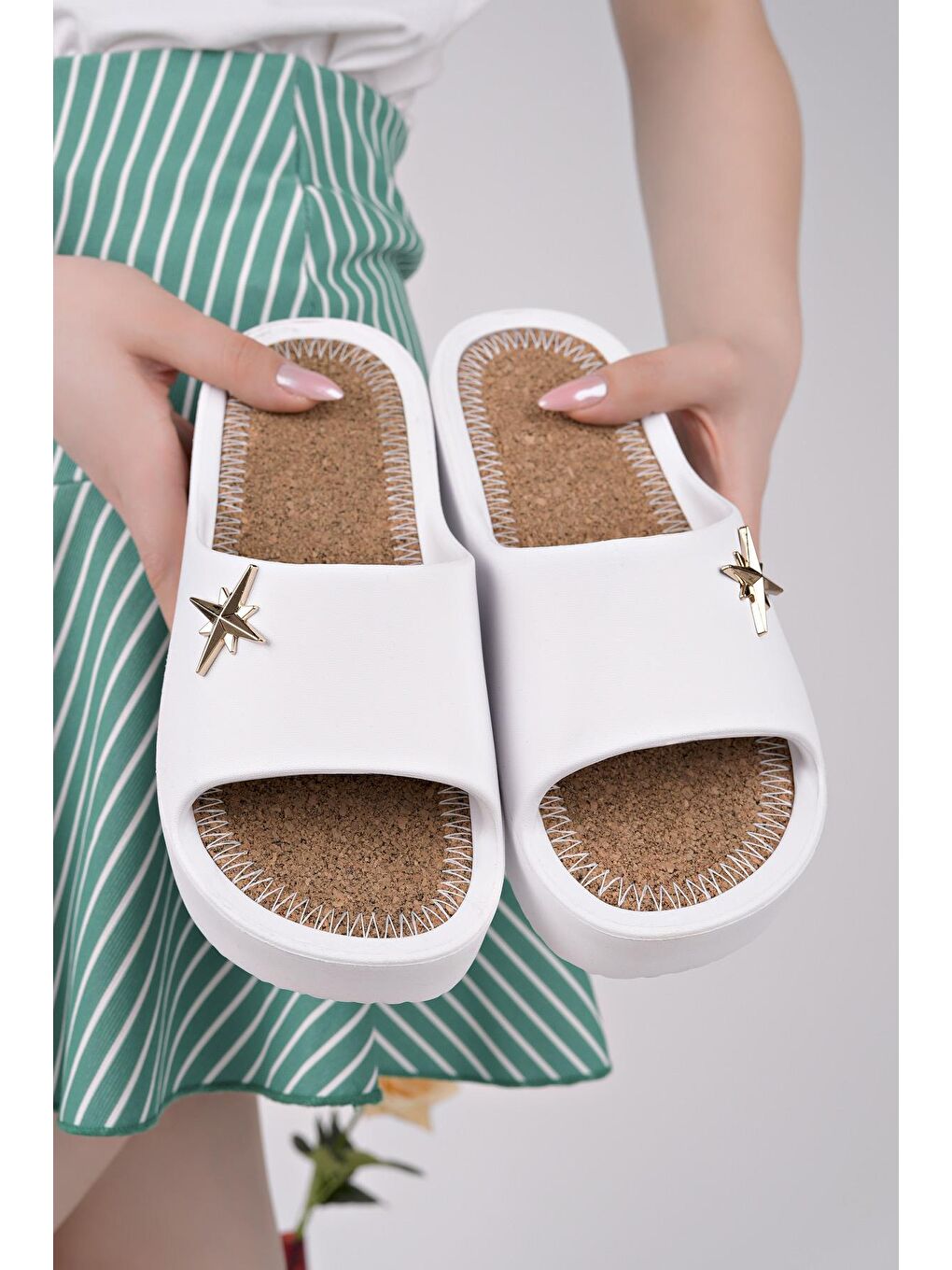 Beyaz PUSULA Kadın Terlik Plaj Deniz Havuz Terliği Dolgu Topuk Yüksek Taban-2