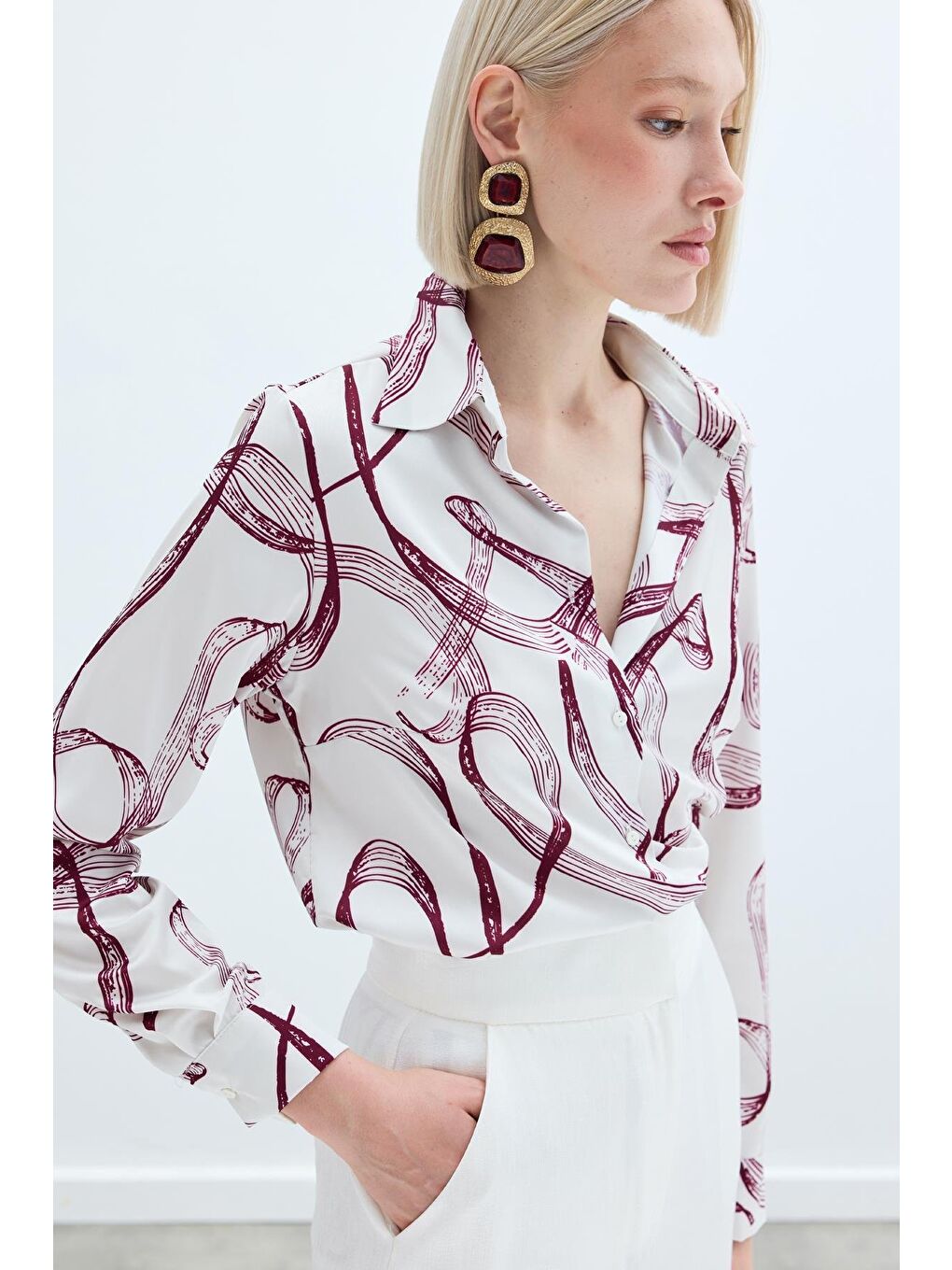 Desenli Klasik Gömlek - Bordo-6