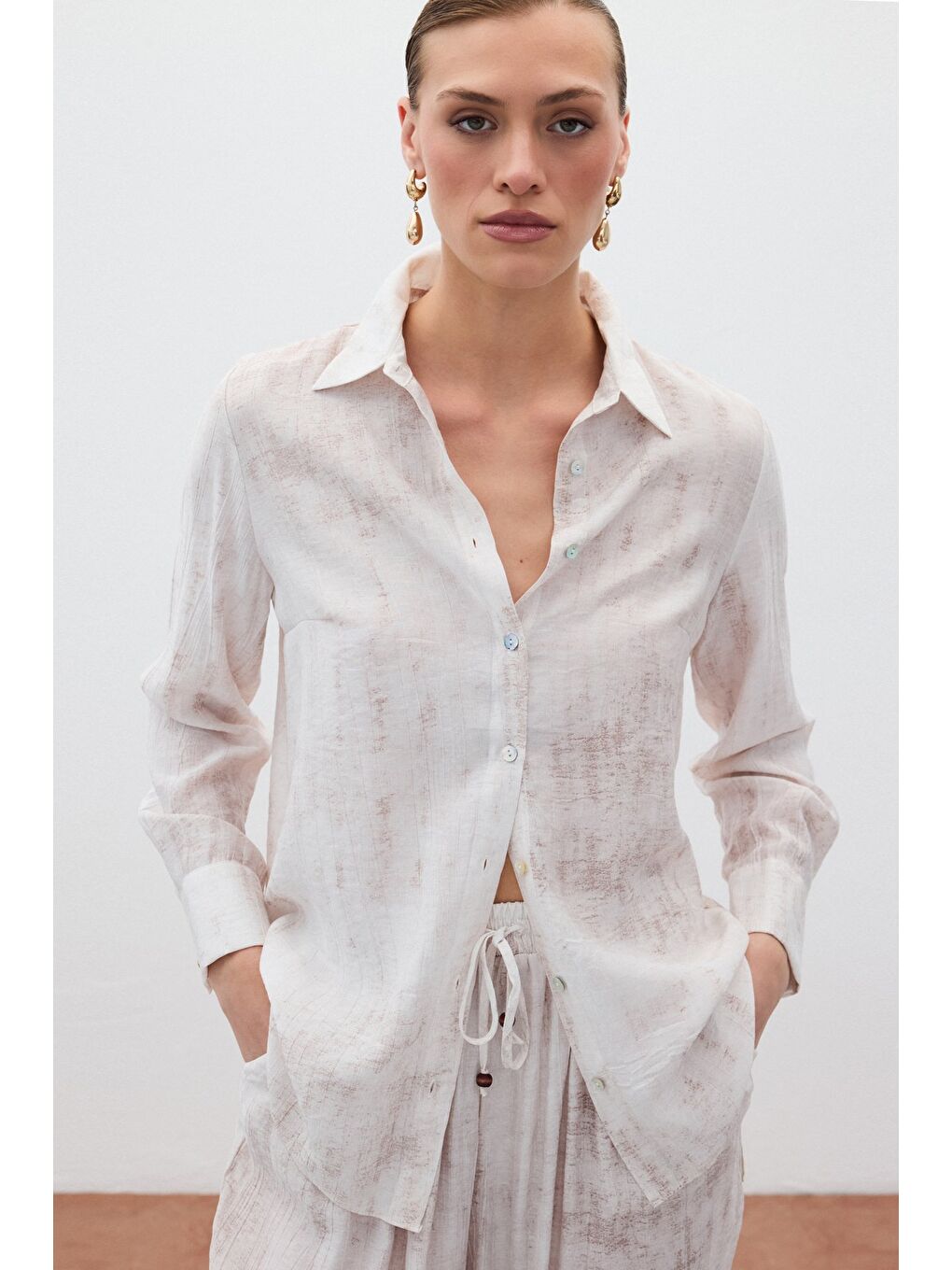 Bej Desenli Salaş Gömlek - Taş-6