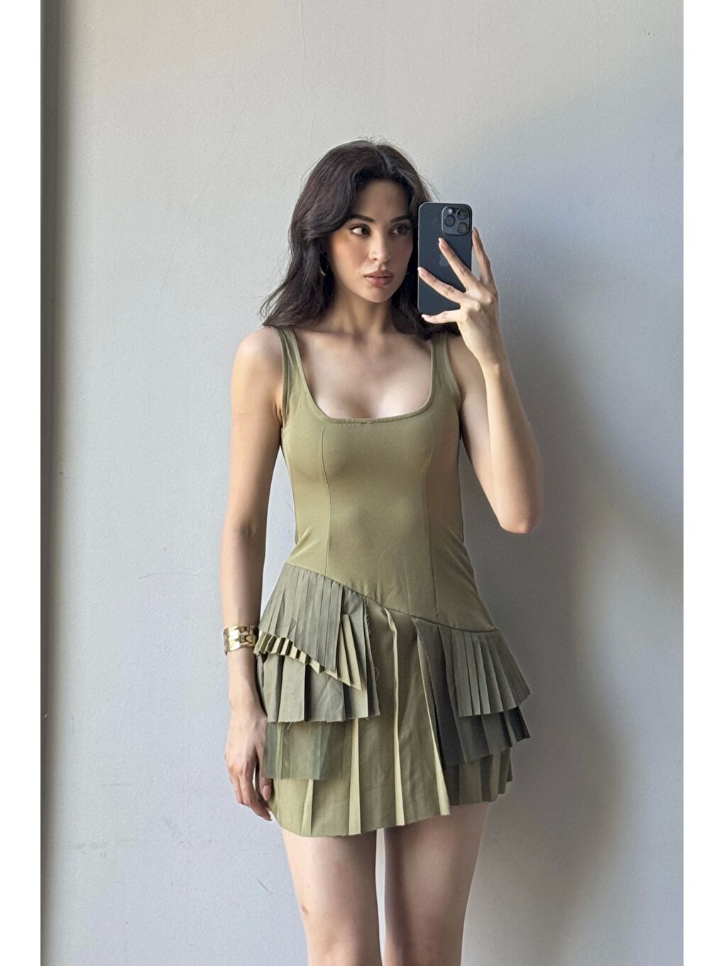 Kadın Haki Pliseli Şort Elbise 1041-2332-3