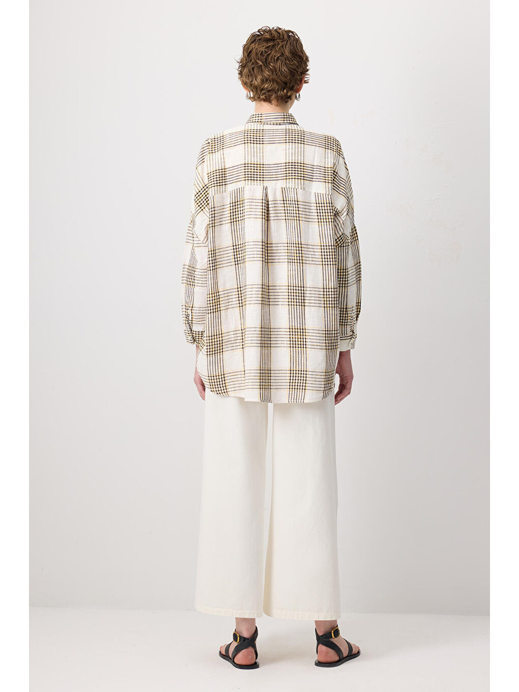 Sarı %100 Pamuklu Ekoseli Oversıze Gömlek-3