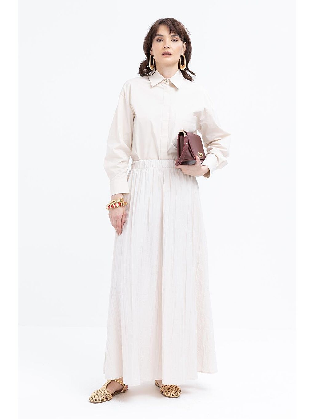 Bej Taş-Kraşlı Beli Lastikli Kloş Etek