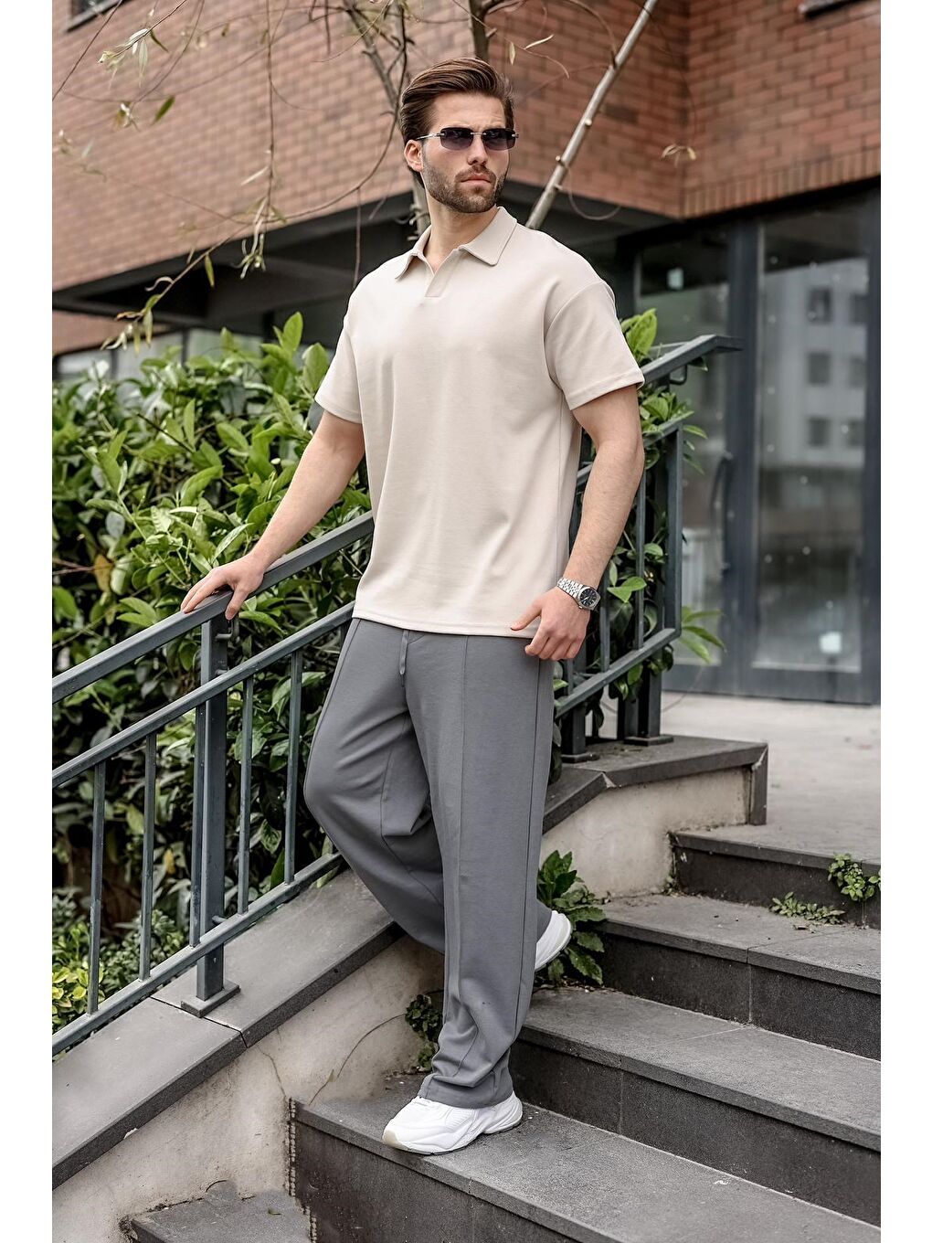 Bej Polo Yaka Oversize Erkek Tişört E7185