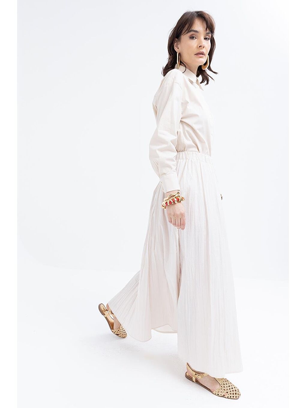 Bej Taş-Kraşlı Beli Lastikli Kloş Etek-1