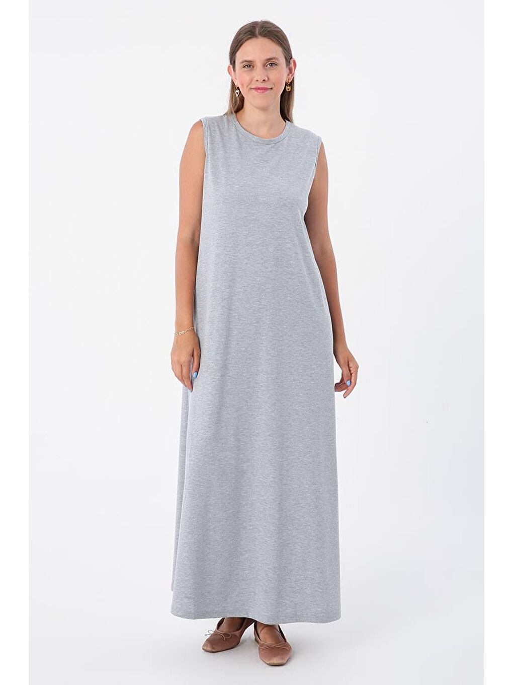 Gri Melanj-Pamuklu Bisiklet Yaka Kolsuz İçlik Elbise-1