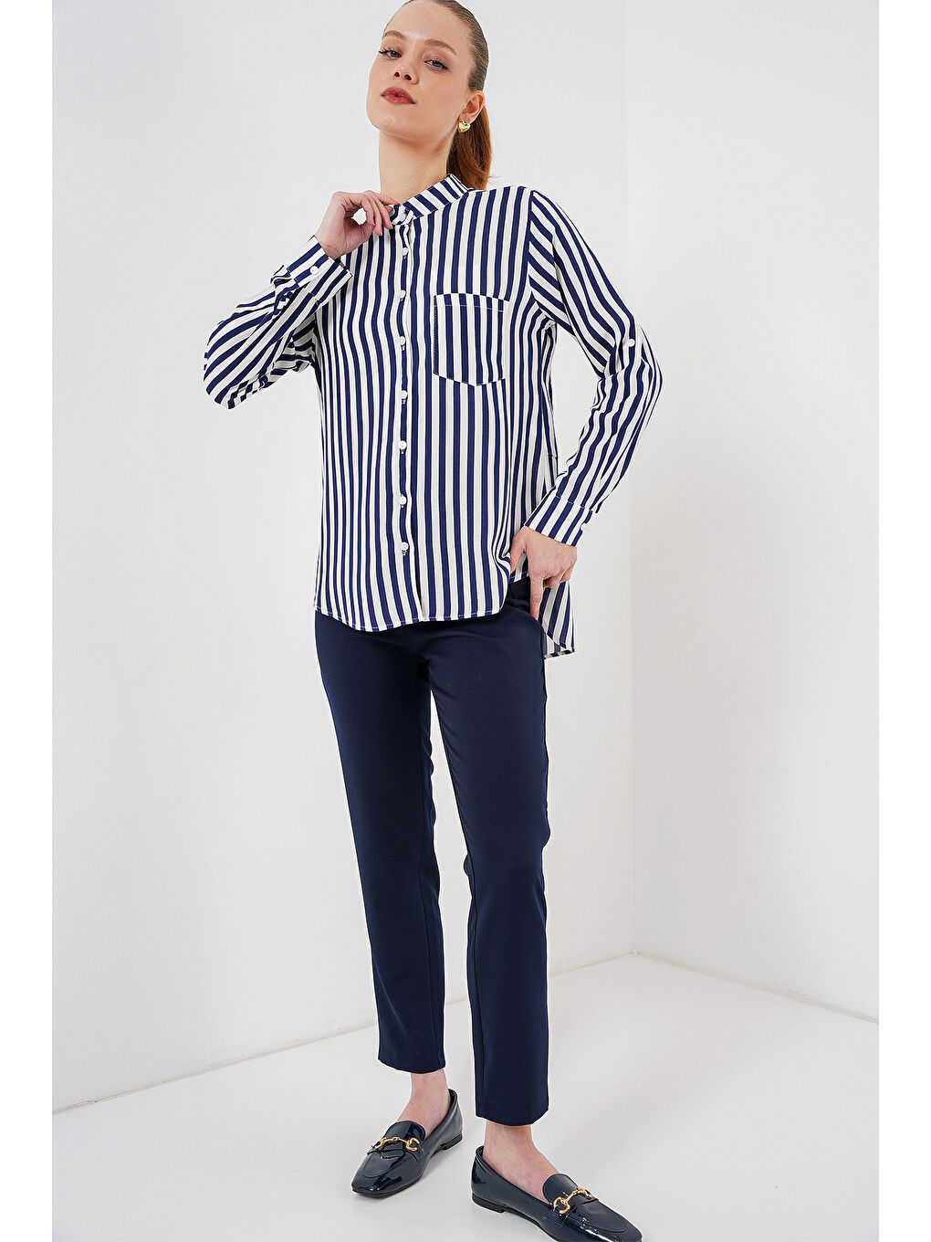 Kadın Uzun Kollu Çizgili Gömlek 20283 - Lacivert-1