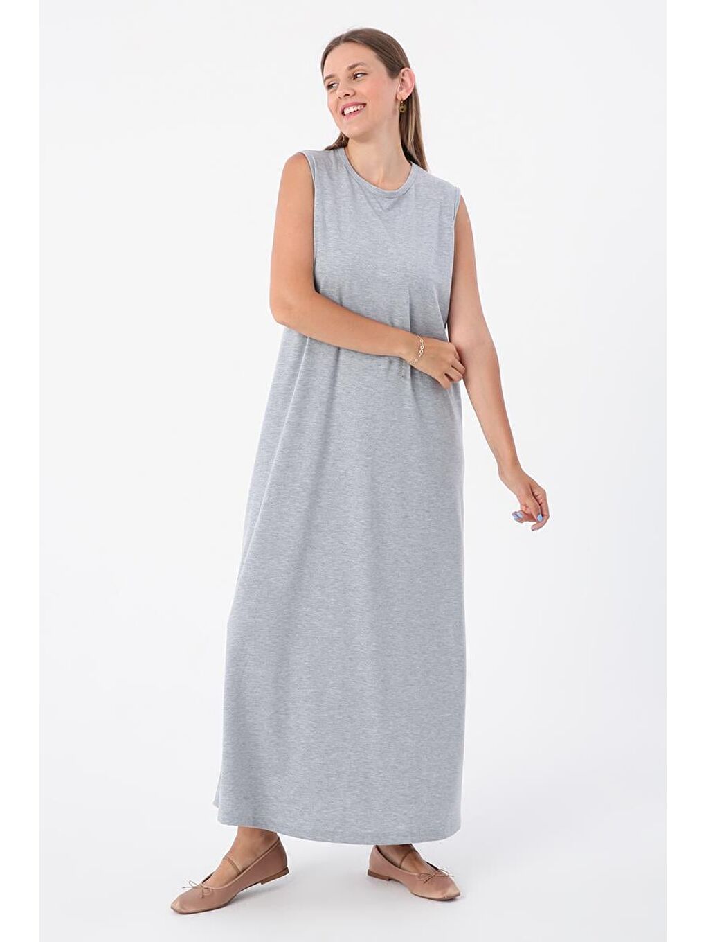Gri Melanj-Pamuklu Bisiklet Yaka Kolsuz İçlik Elbise-2