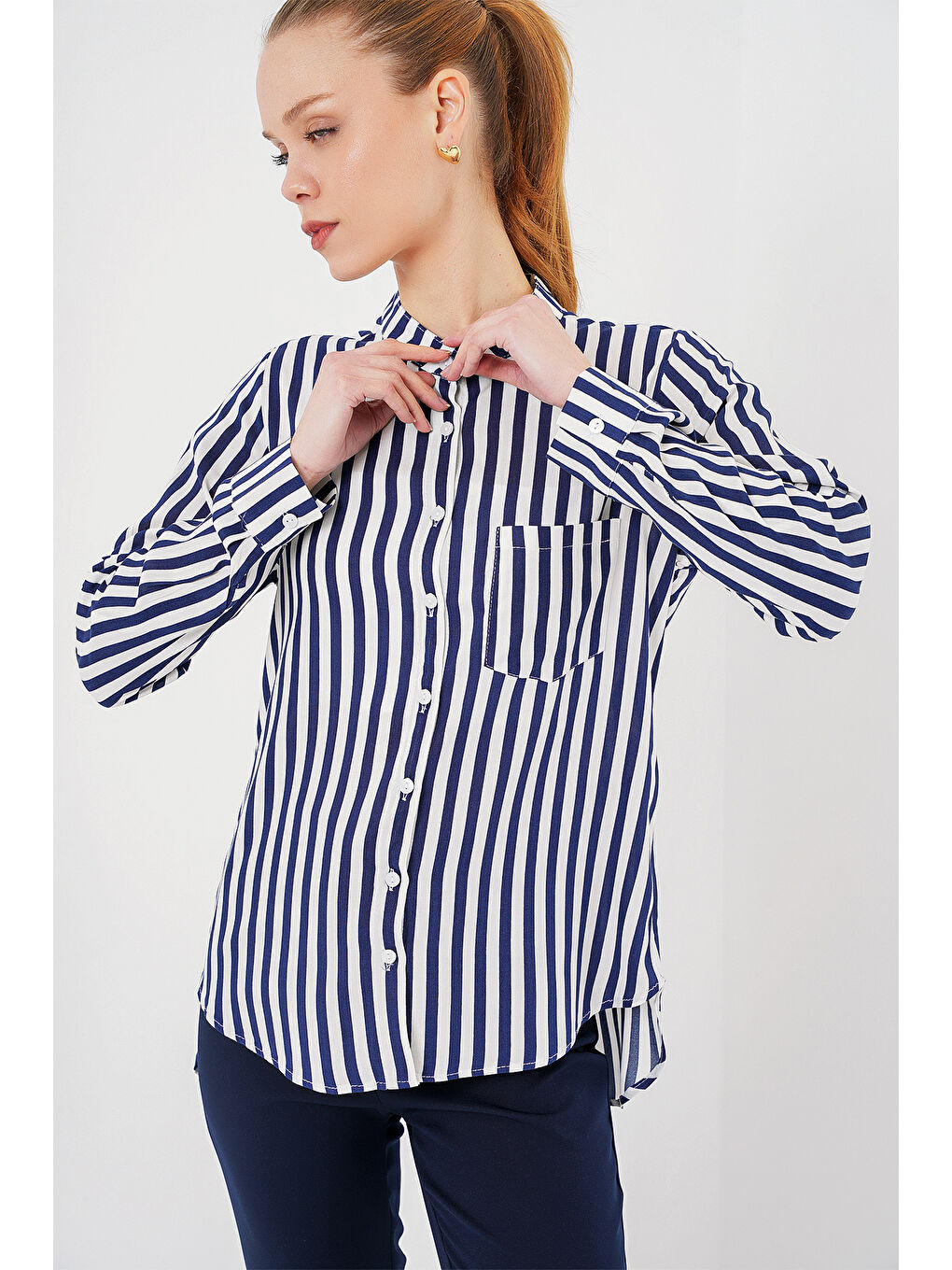 Kadın Uzun Kollu Çizgili Gömlek 20283 - Lacivert-2