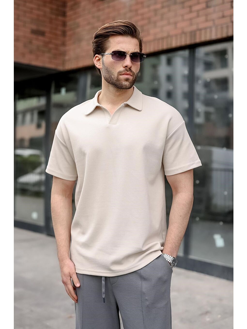 Bej Polo Yaka Oversize Erkek Tişört E7185-1