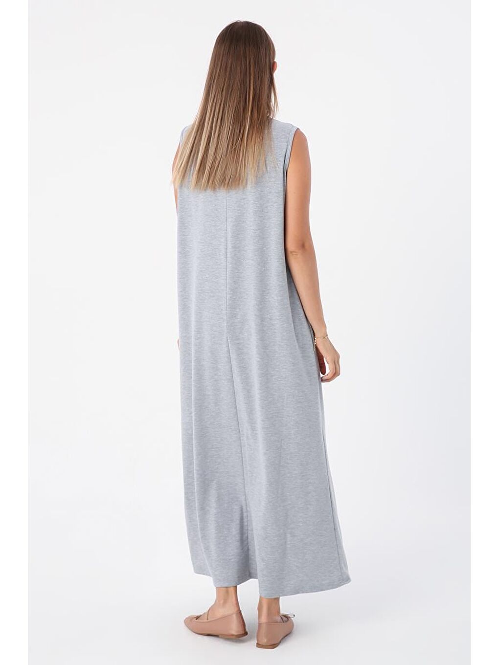Gri Melanj-Pamuklu Bisiklet Yaka Kolsuz İçlik Elbise-3