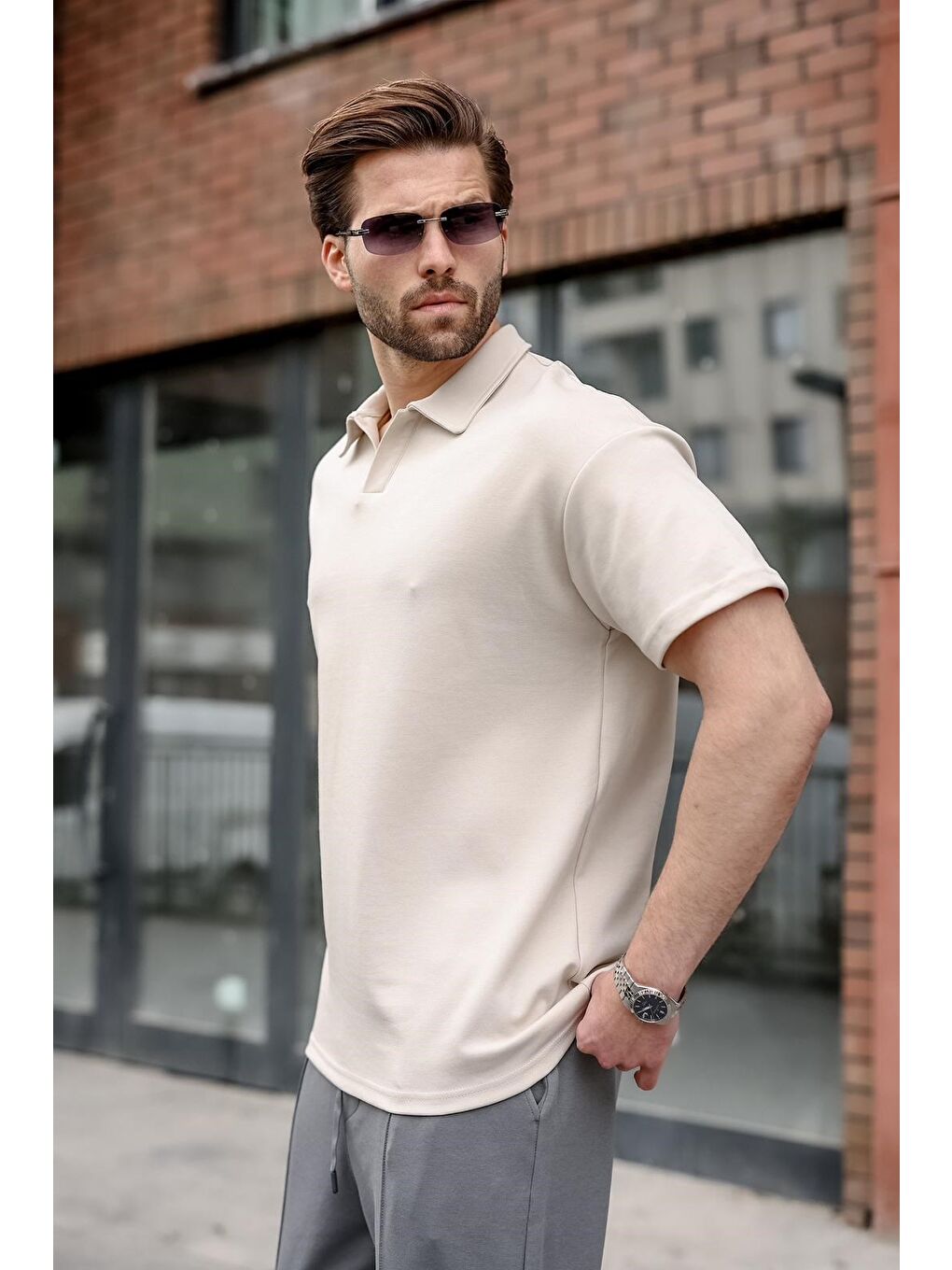 Bej Polo Yaka Oversize Erkek Tişört E7185-2