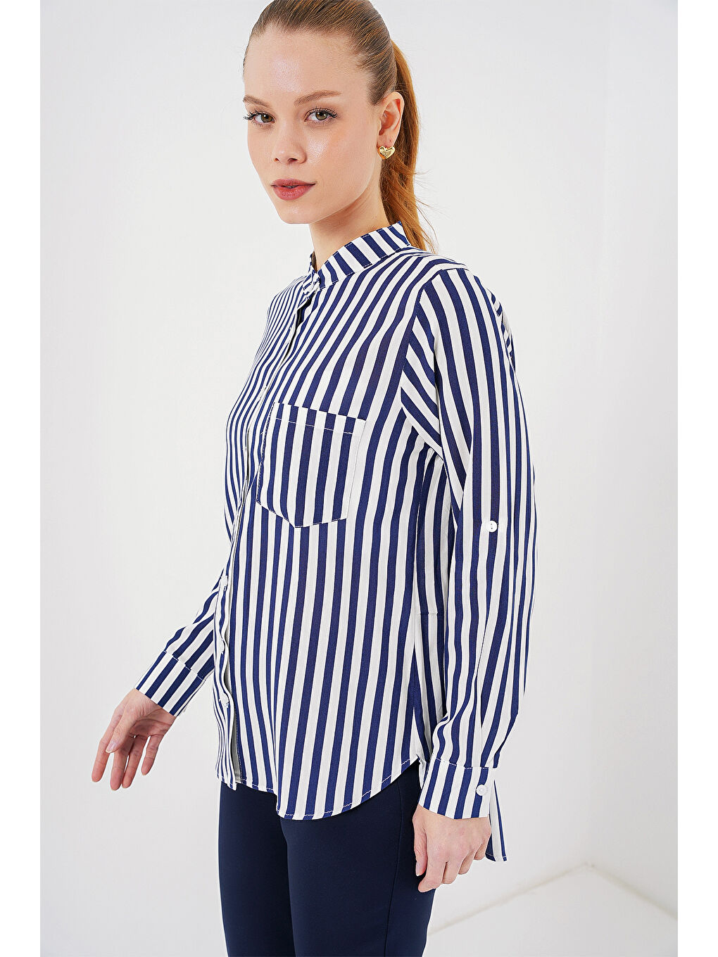 Kadın Uzun Kollu Çizgili Gömlek 20283 - Lacivert-3