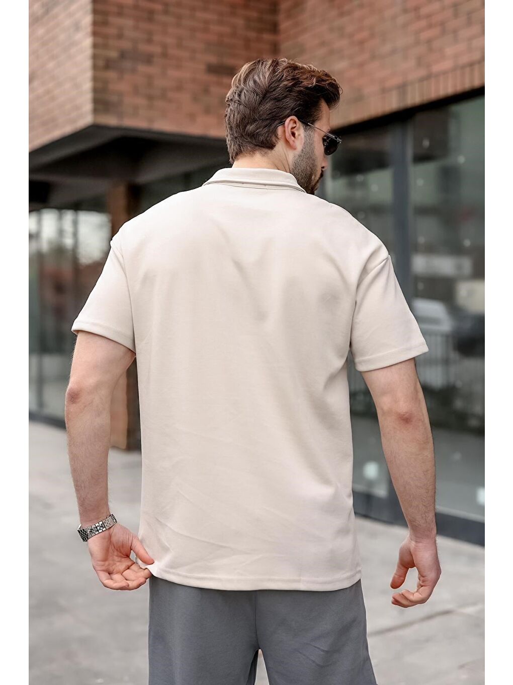 Bej Polo Yaka Oversize Erkek Tişört E7185-3