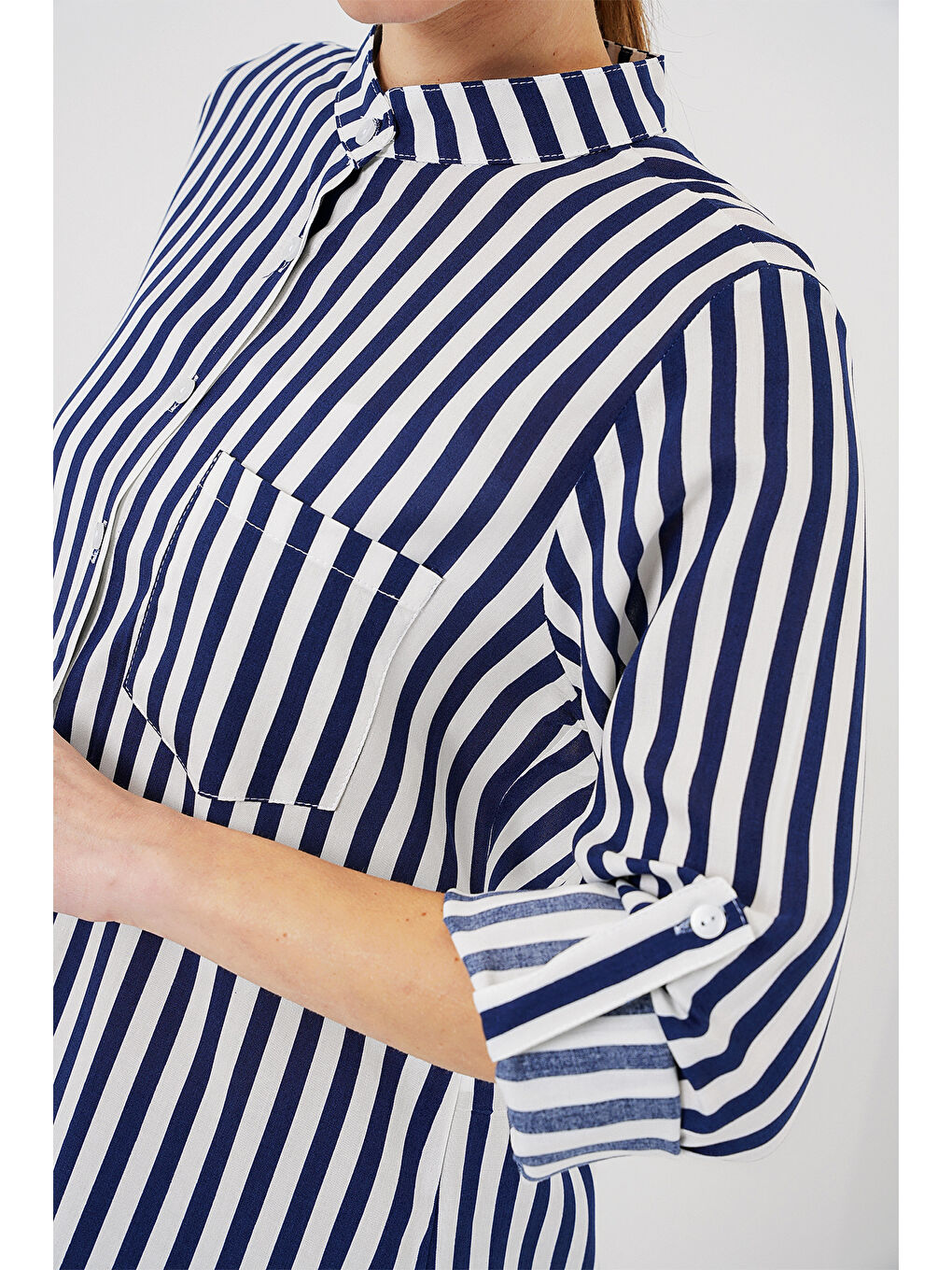Kadın Uzun Kollu Çizgili Gömlek 20283 - Lacivert-4