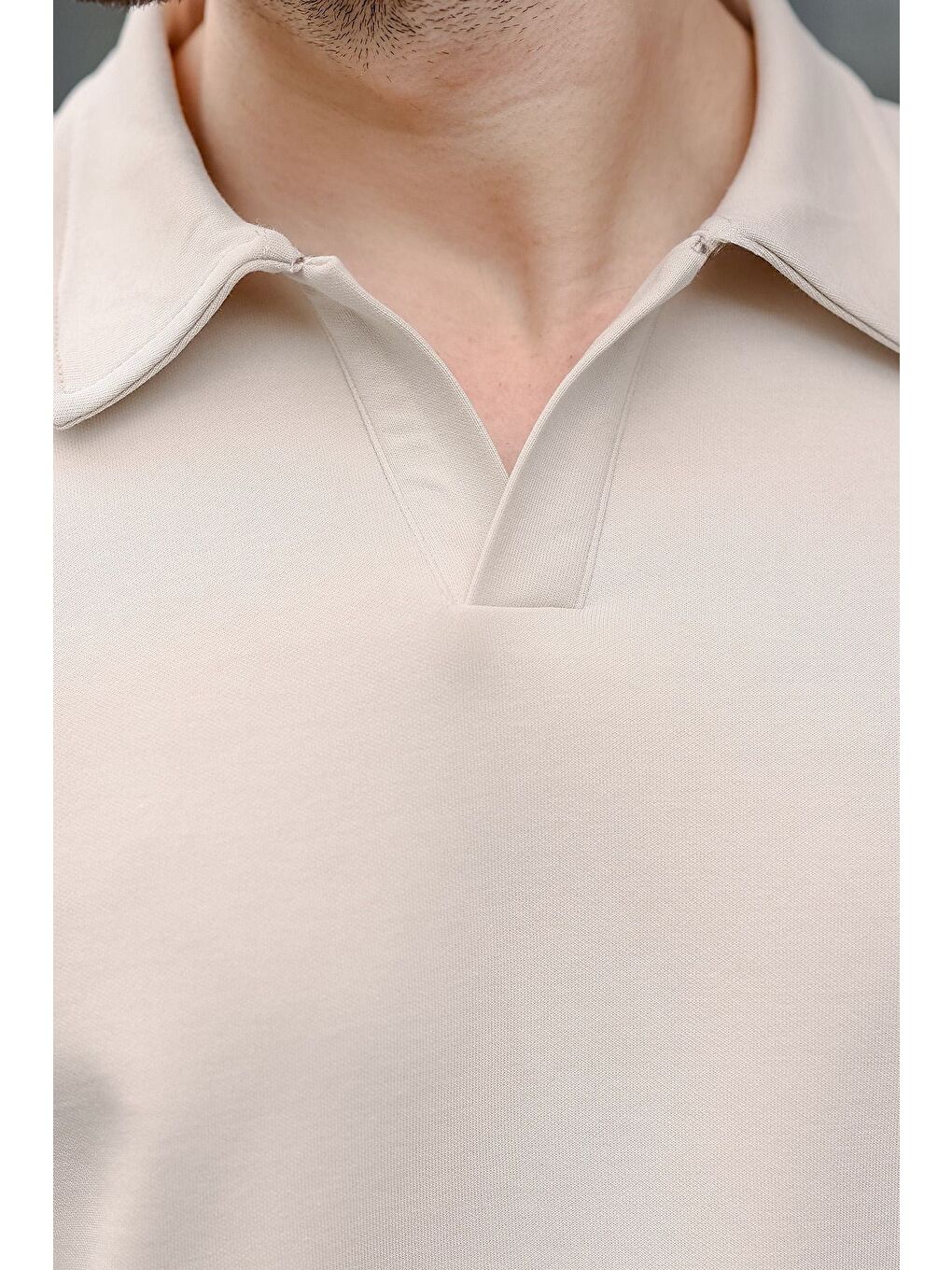 Bej Polo Yaka Oversize Erkek Tişört E7185-4