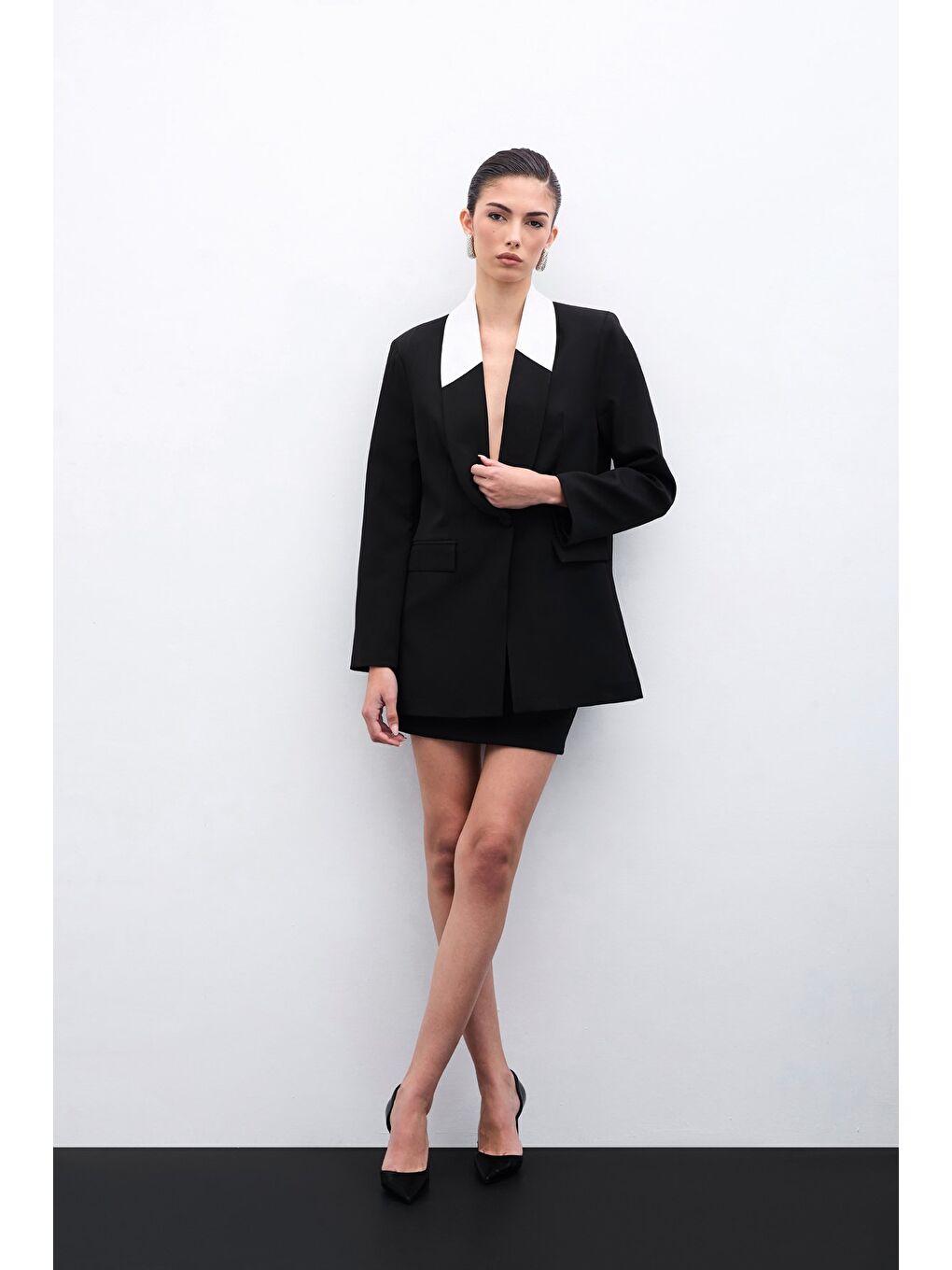 Kontrast Uzun Ceket - Siyah-1