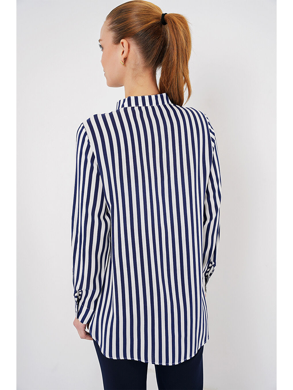 Kadın Uzun Kollu Çizgili Gömlek 20283 - Lacivert-5