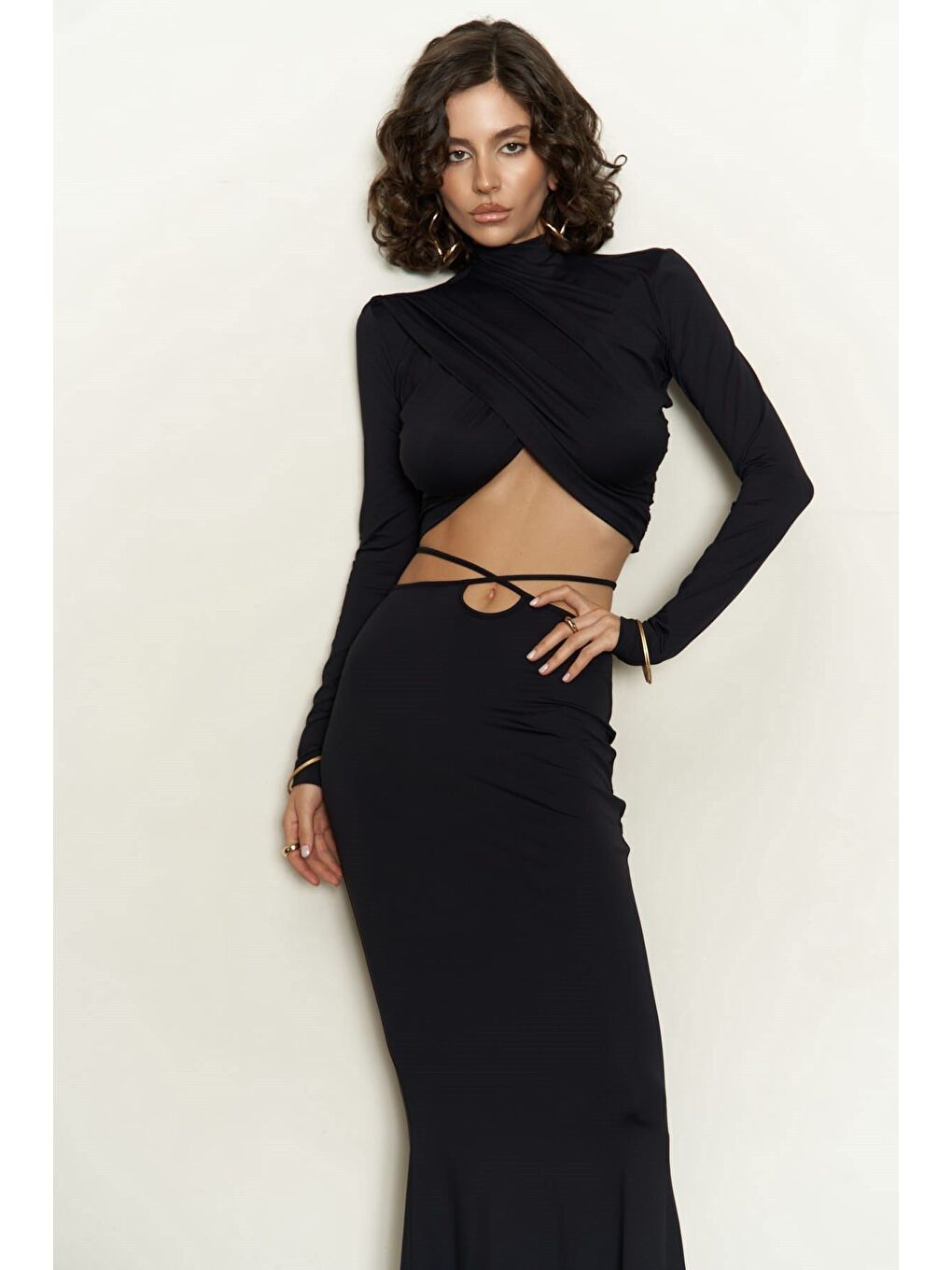 Kelsey İp Detay Siyah Crop Etek Takım