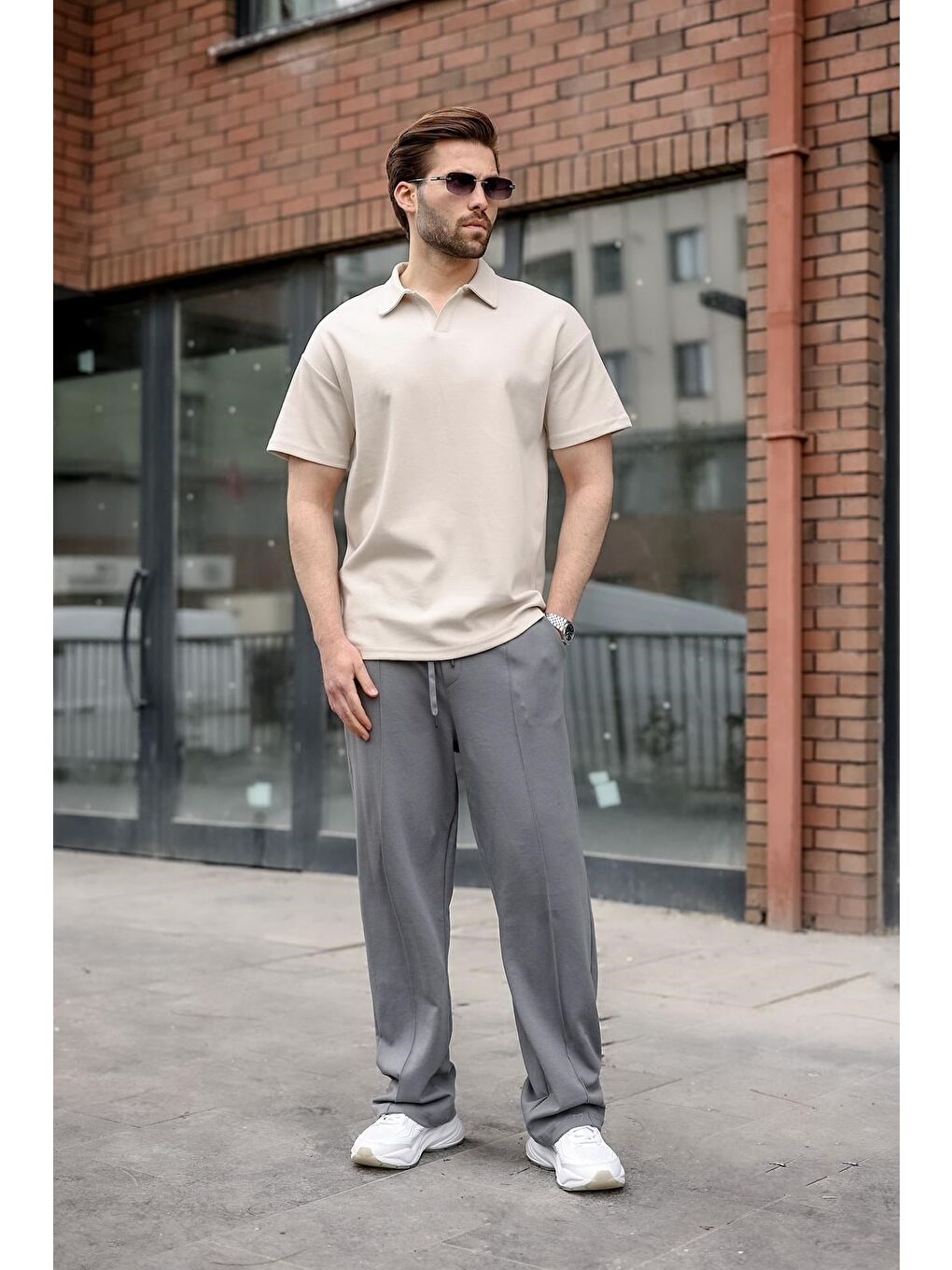 Bej Polo Yaka Oversize Erkek Tişört E7185-5