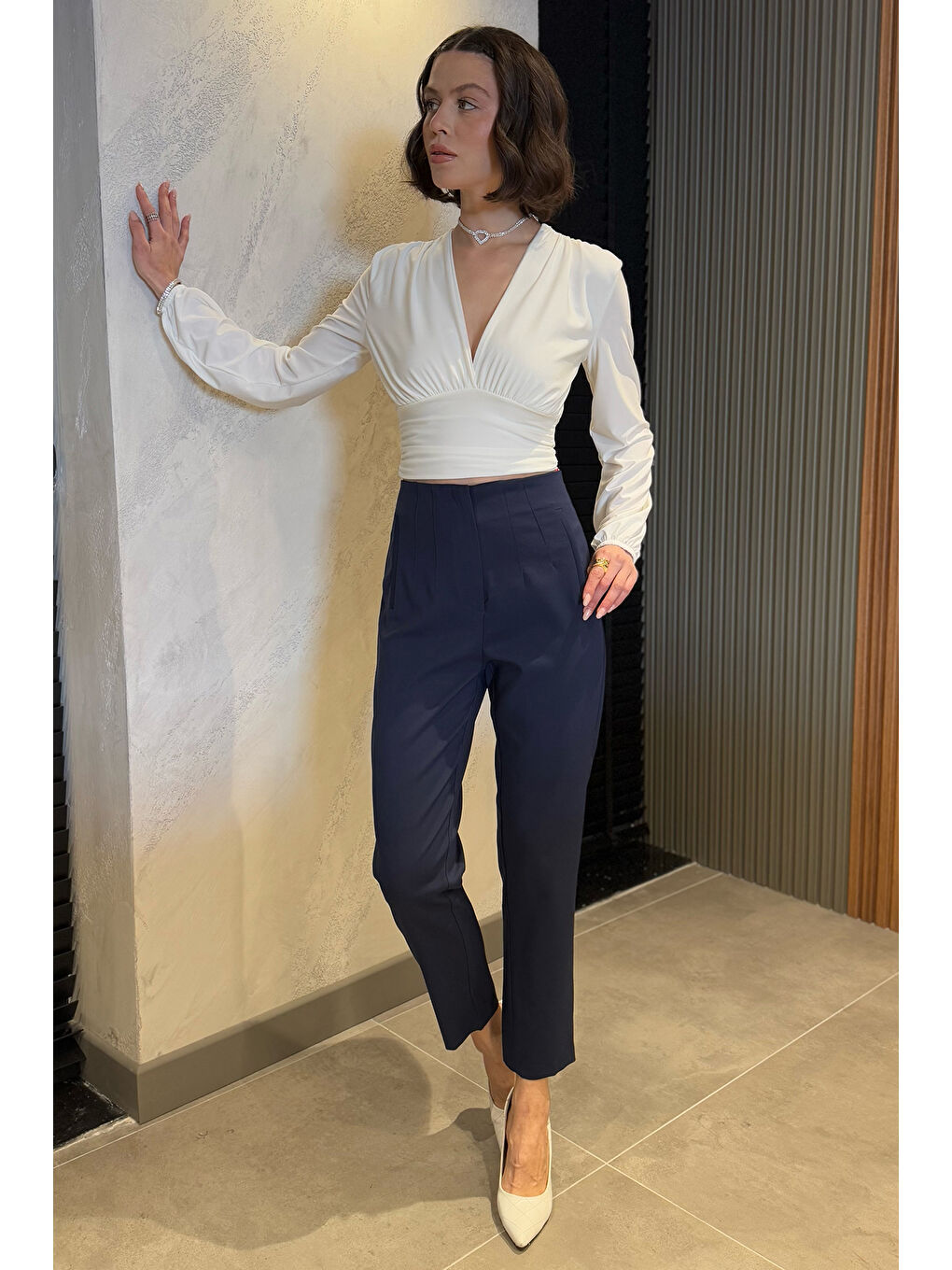 Lacivert Kadın Boru Paça Pantolon-1