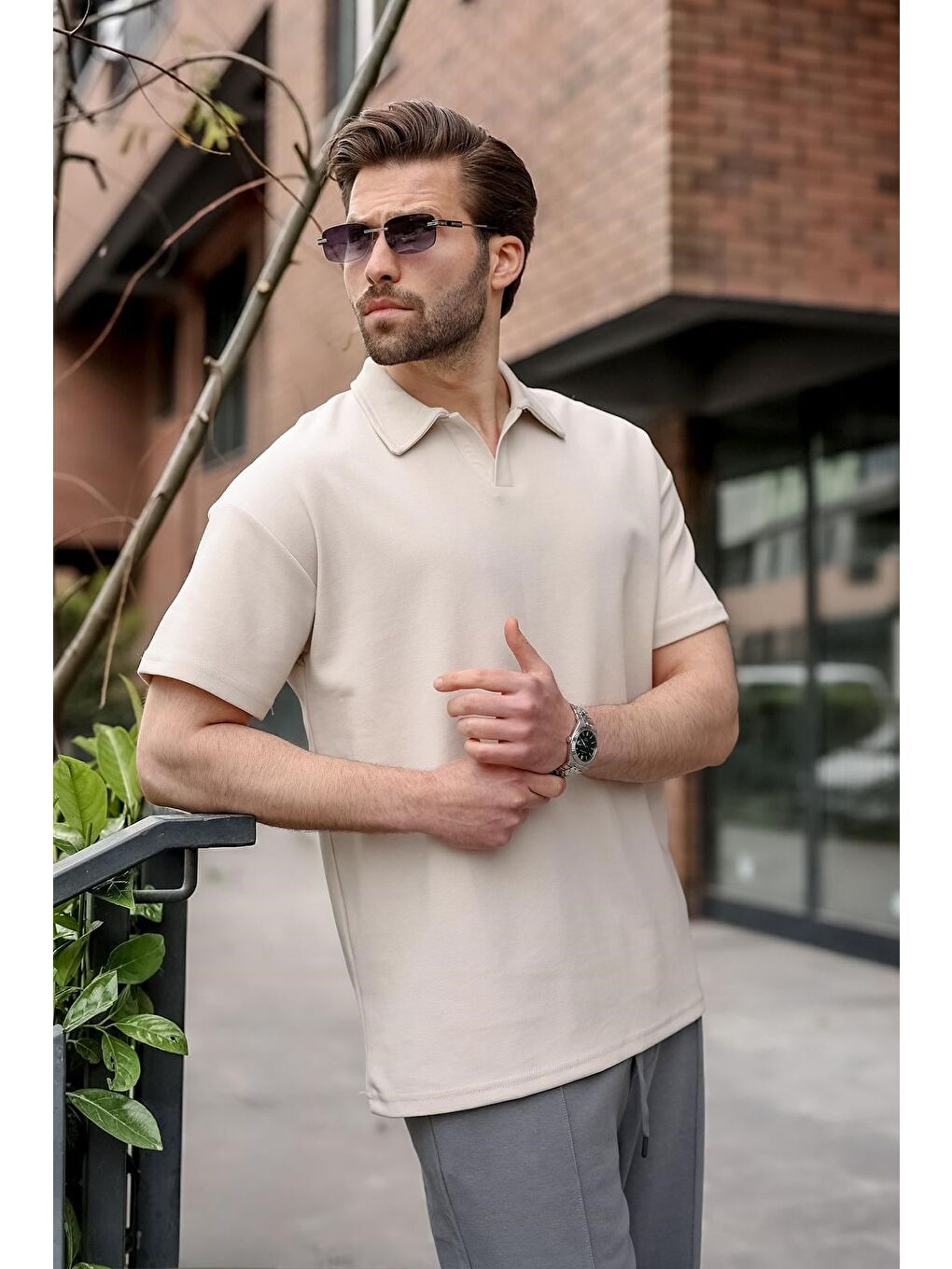 Bej Polo Yaka Oversize Erkek Tişört E7185-6