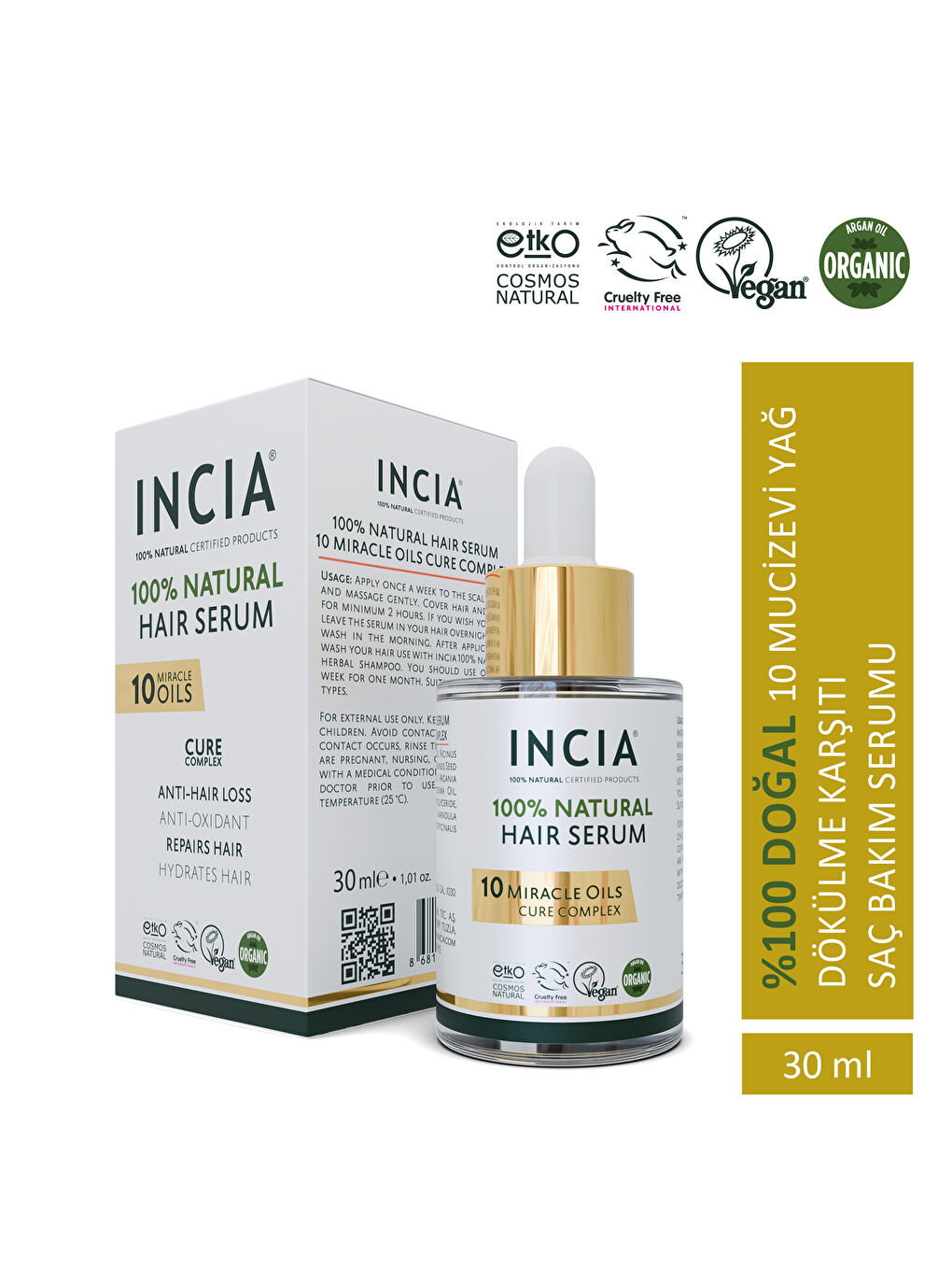 INCIA %100 Doğal Saç Bakım Serumu Biberiye Yağı Saç Dökülmesi Karşıtı 10 Değerli Yağ 30 ml