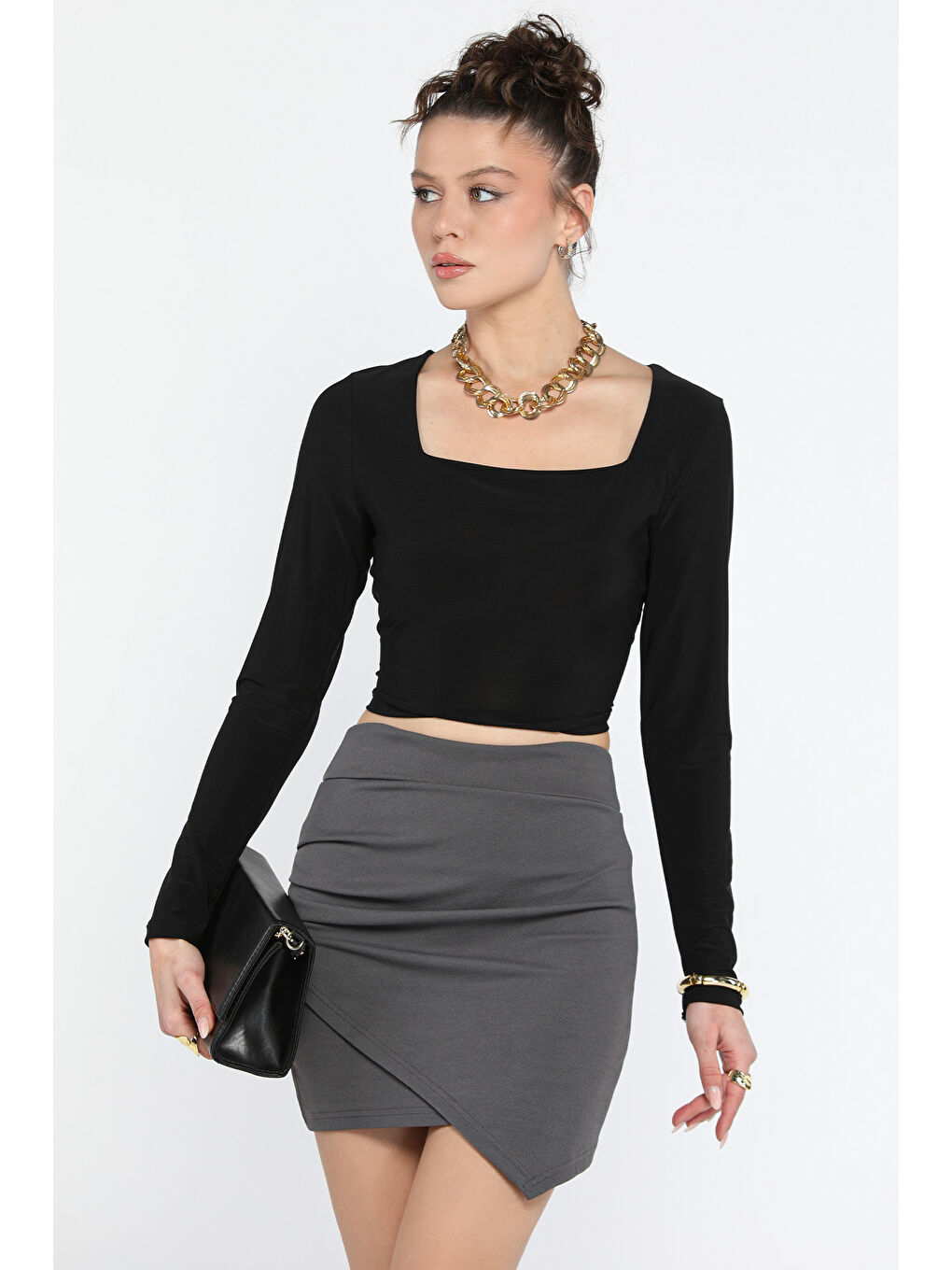 Gri Kadın Pileli Mini Etek