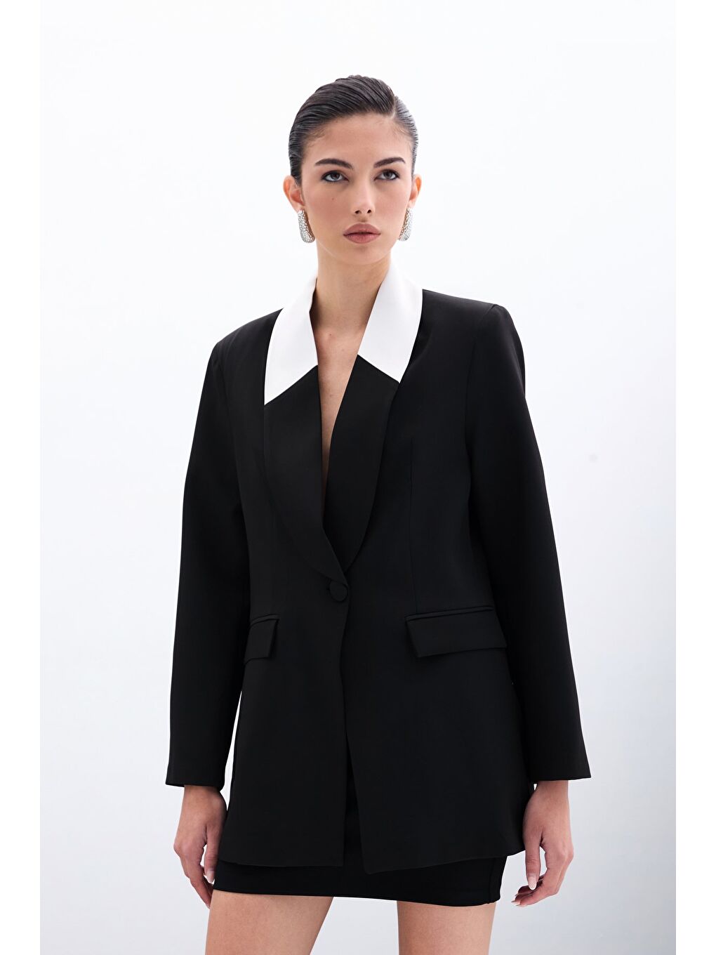 Kontrast Uzun Ceket - Siyah-3