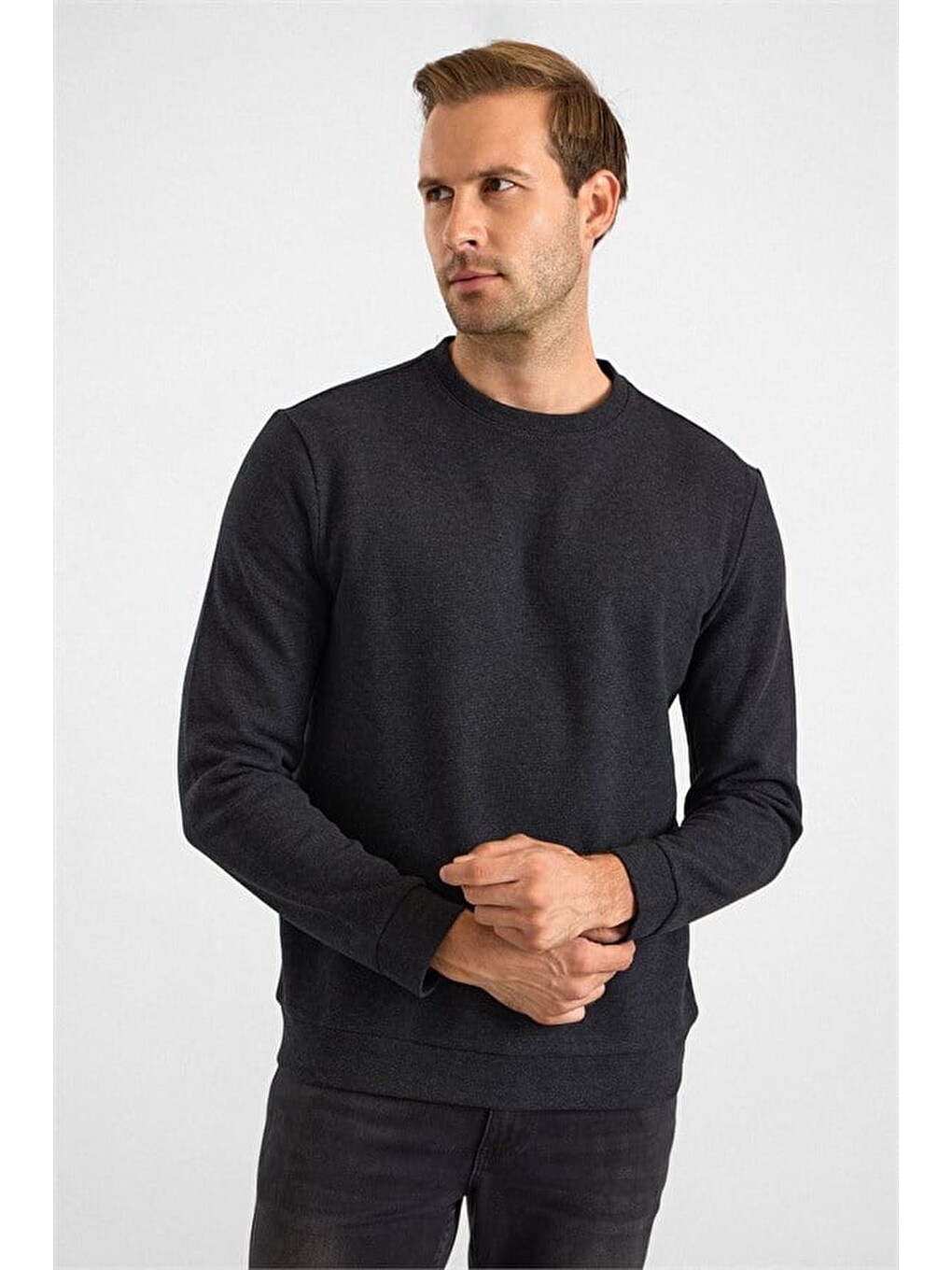 Siyah Regular Düz Bisiklet Yaka Sweatshirt-2