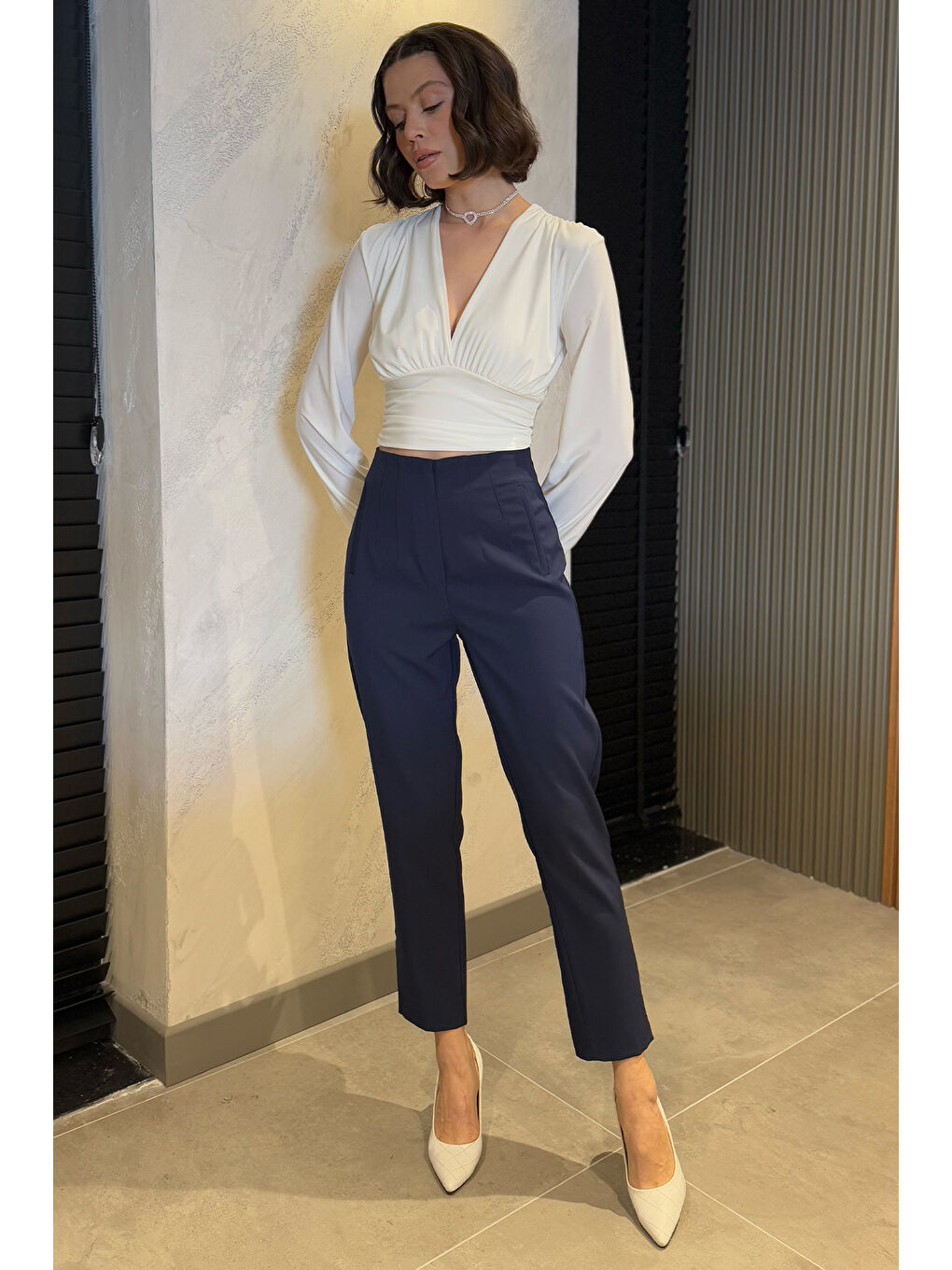 Lacivert Kadın Boru Paça Pantolon-2