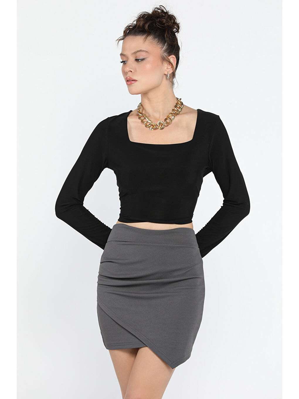 Gri Kadın Pileli Mini Etek-1