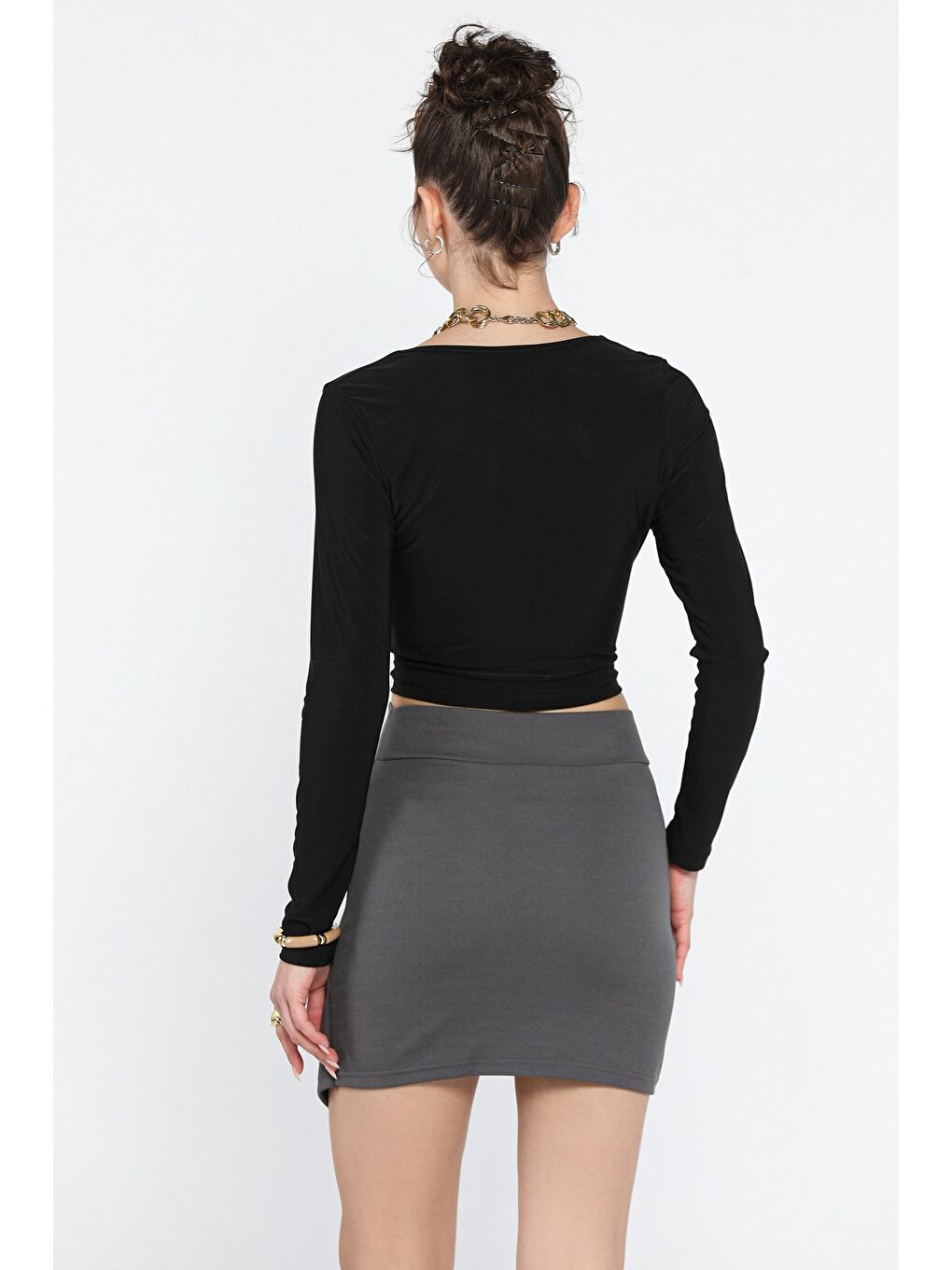 Gri Kadın Pileli Mini Etek-2