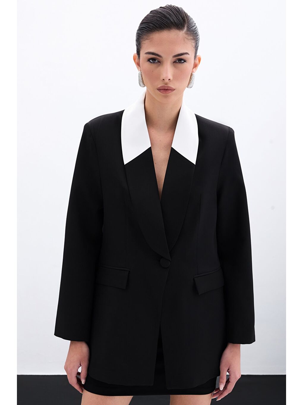 Kontrast Uzun Ceket - Siyah-5