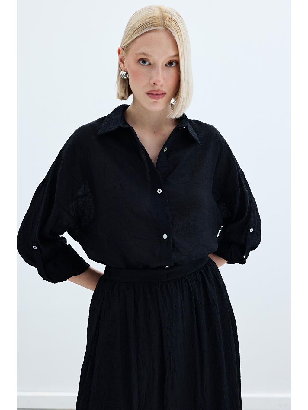 Kol Detaylı Salaş Gömlek - Siyah-3