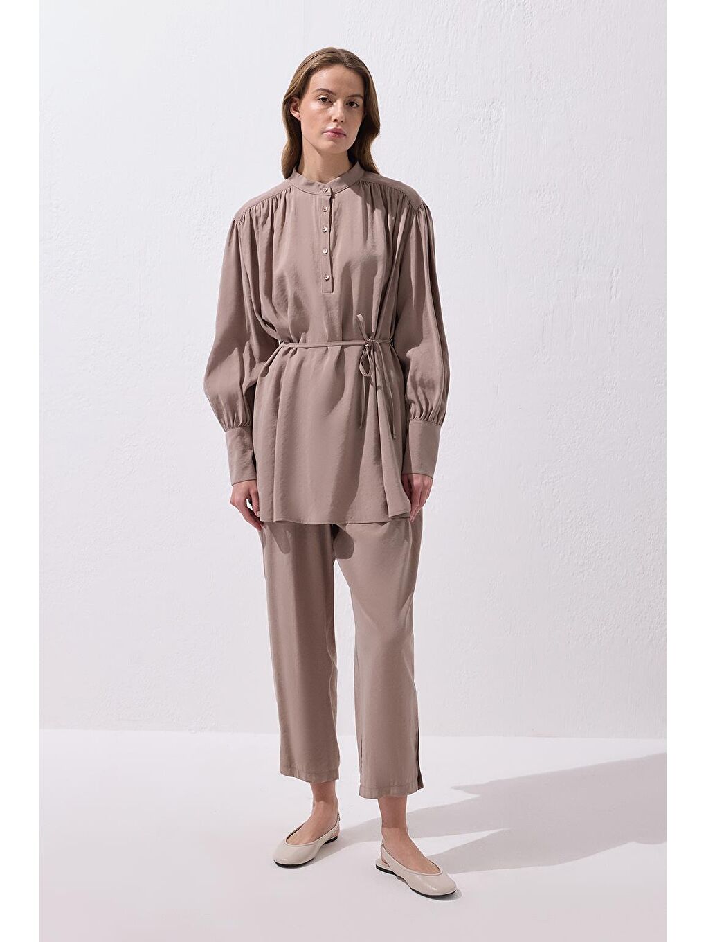 Bej Tina Gömlek Pantolon Takım Vizon-1