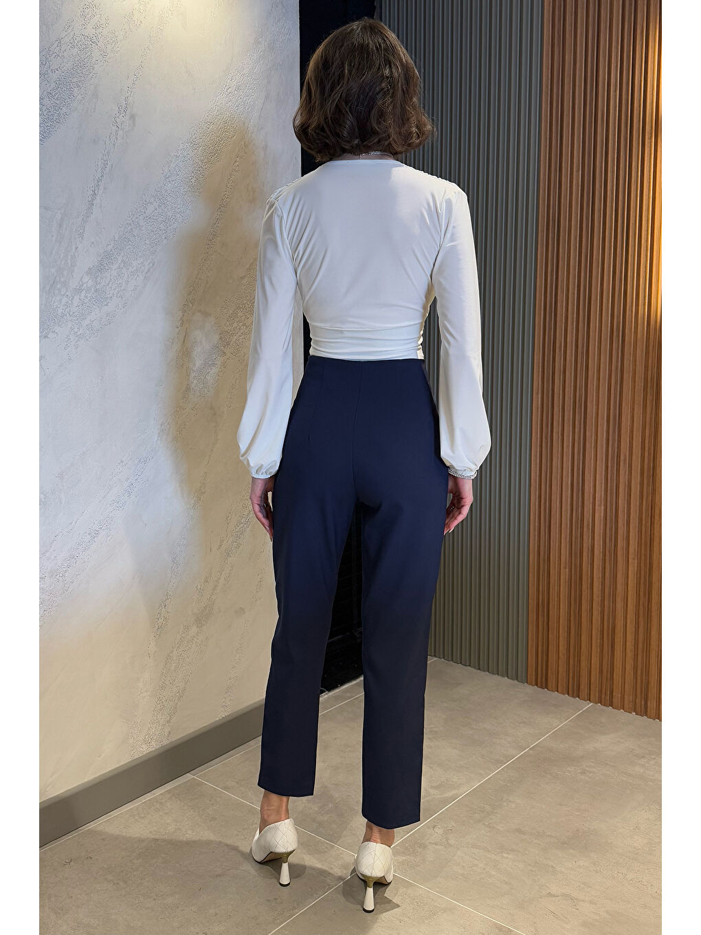 Lacivert Kadın Boru Paça Pantolon-4