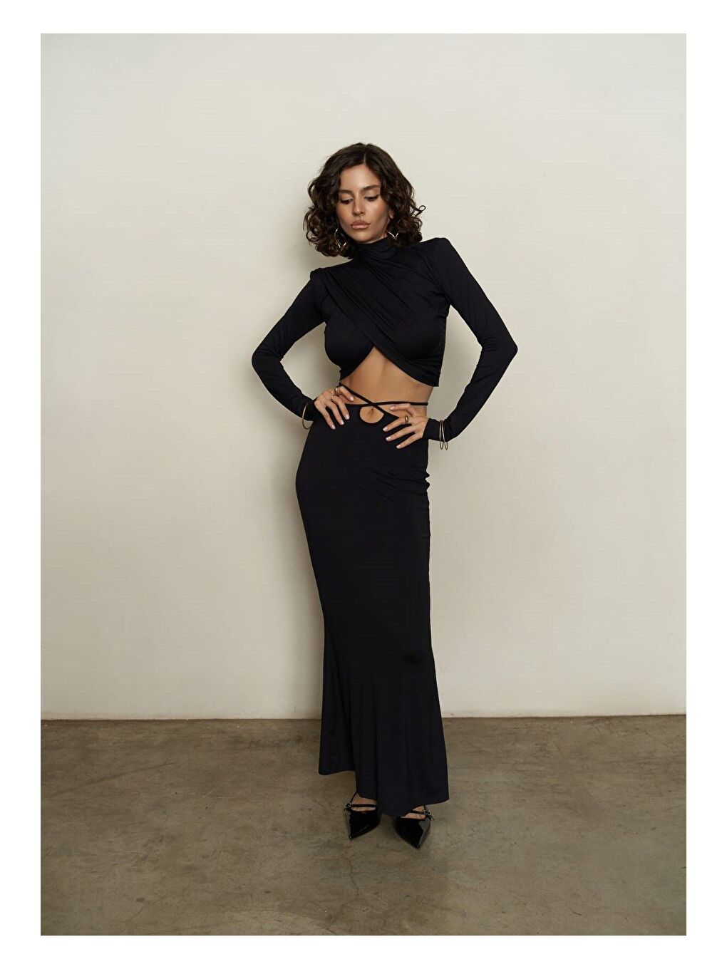 Kelsey İp Detay Siyah Crop Etek Takım-1