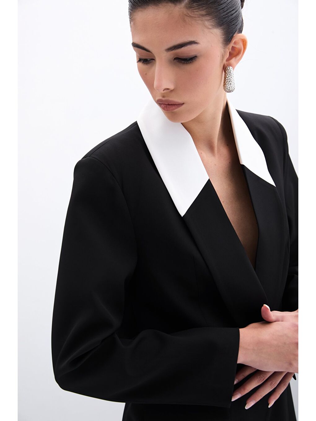 Kontrast Uzun Ceket - Siyah-6