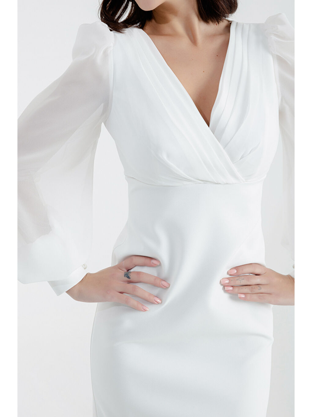 Kadın Beyaz Kruvaze Yaka Midi Abiye Elbise-1