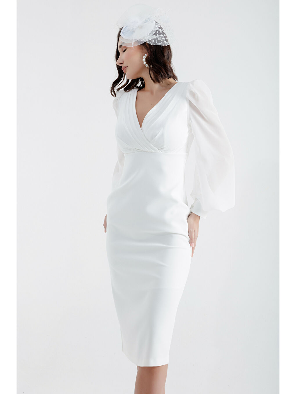 Kadın Beyaz Kruvaze Yaka Midi Abiye Elbise-2