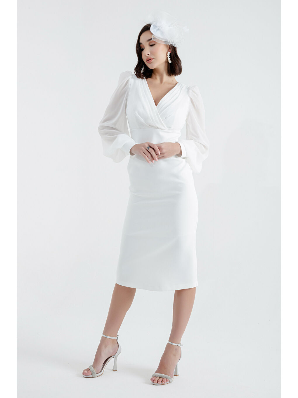 Kadın Beyaz Kruvaze Yaka Midi Abiye Elbise-3