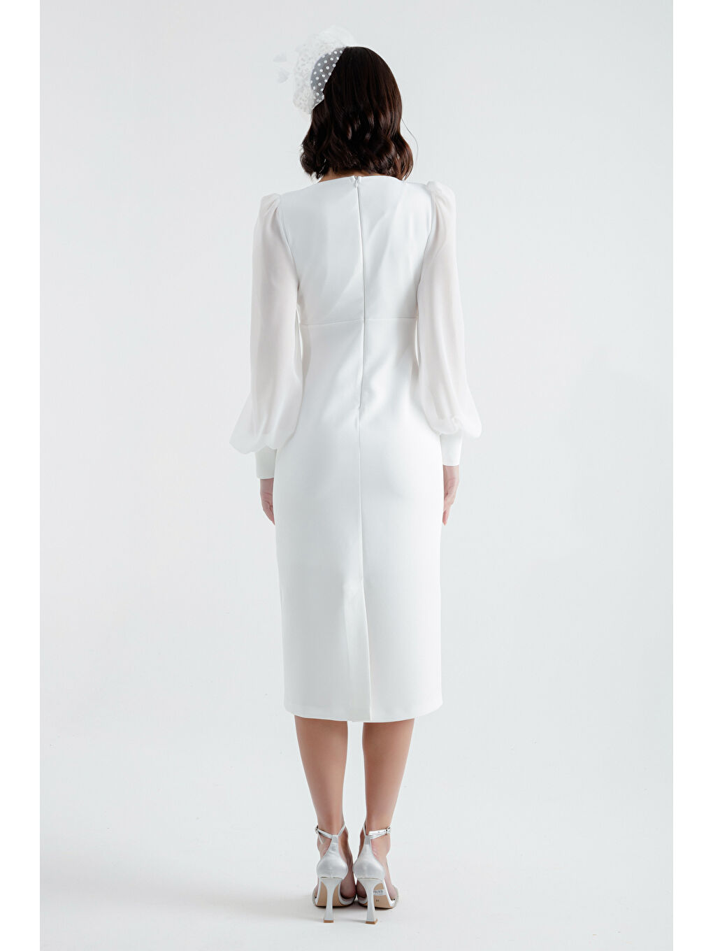 Kadın Beyaz Kruvaze Yaka Midi Abiye Elbise-4