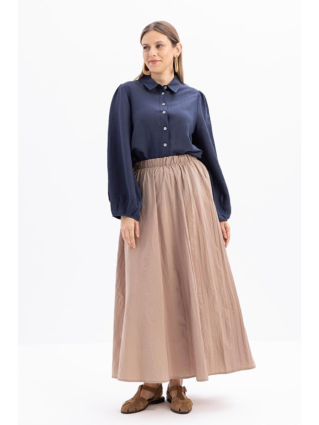 Bej Vizon-Kraşlı Beli Lastikli Kloş Etek-1