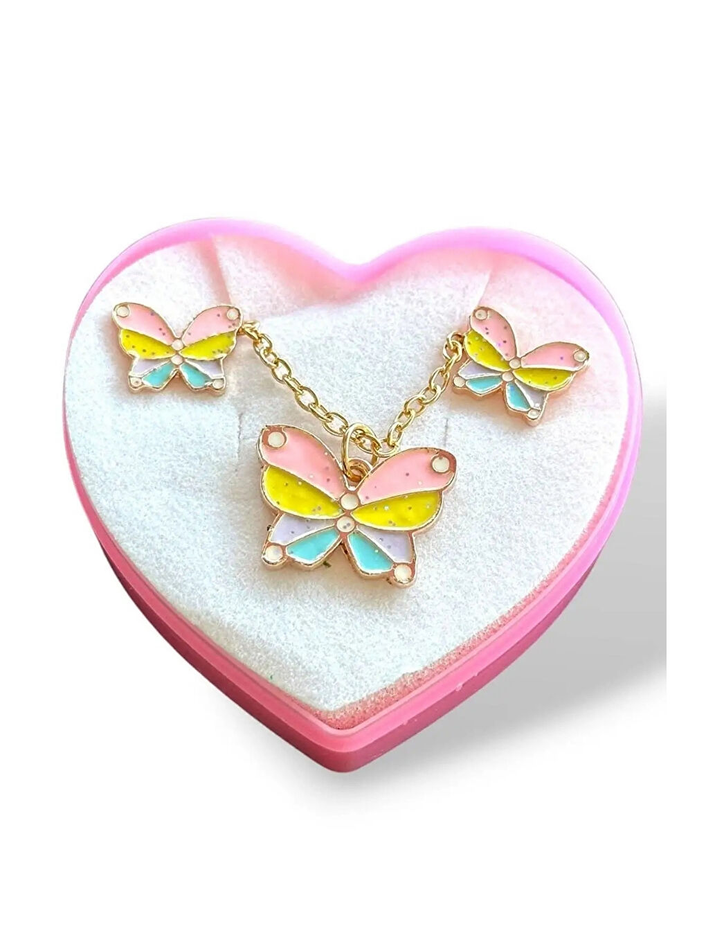 Karışık Çok Renkli  Kelebek Figürlü Kız Çocuk Kolye Küpe Set-1