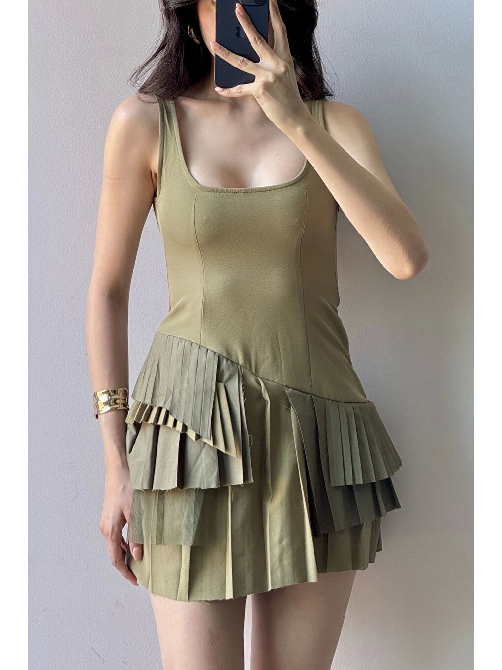 Kadın Haki Pliseli Şort Elbise 1041-2332-4